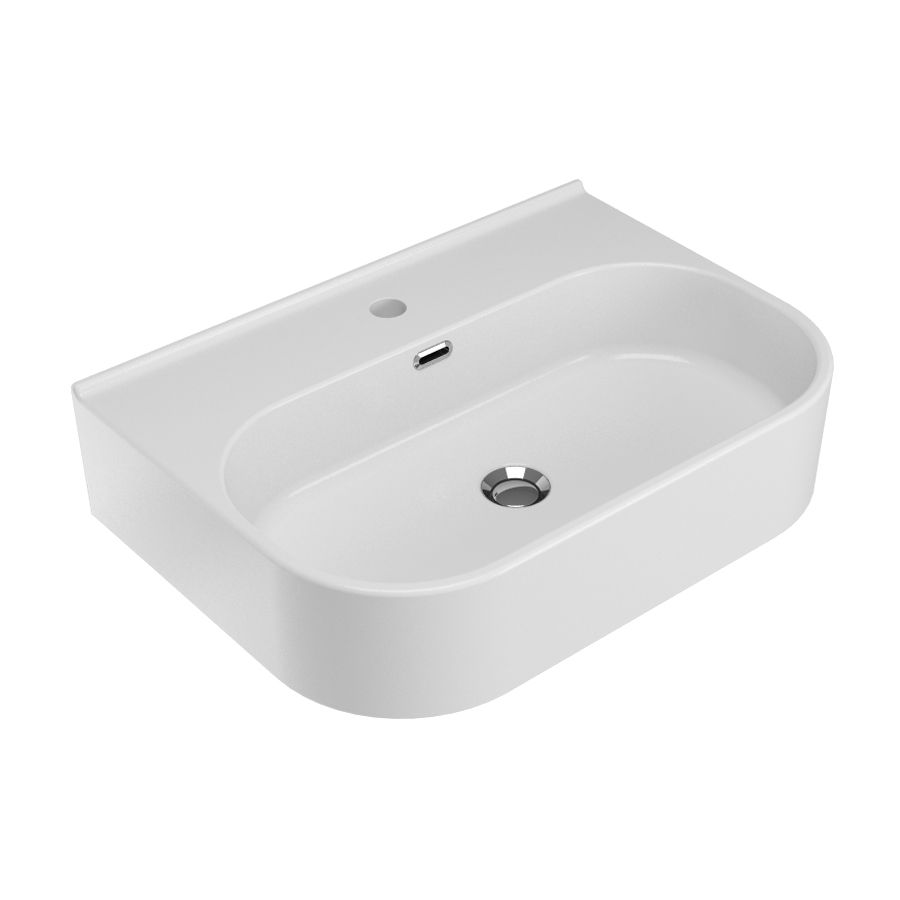 Lavandino da bagno rettangolare in ceramica bianca con rubinetto e fori di scarico.