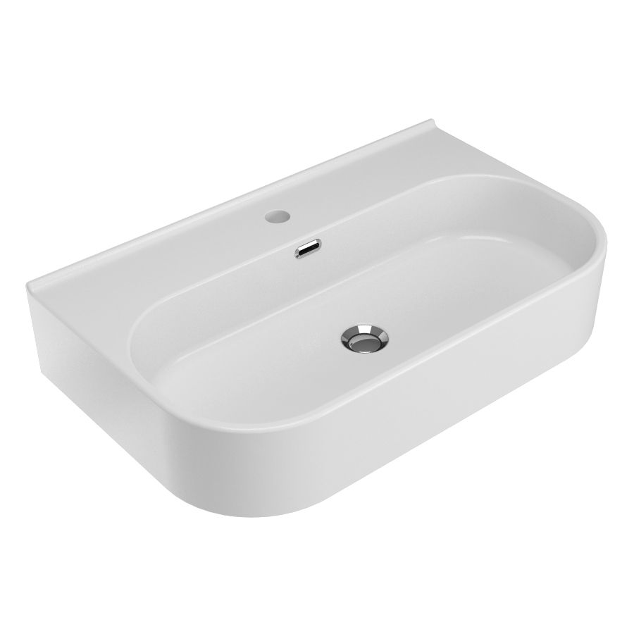 Lavandino da bagno rettangolare in ceramica bianca con rubinetto e fori di scarico.