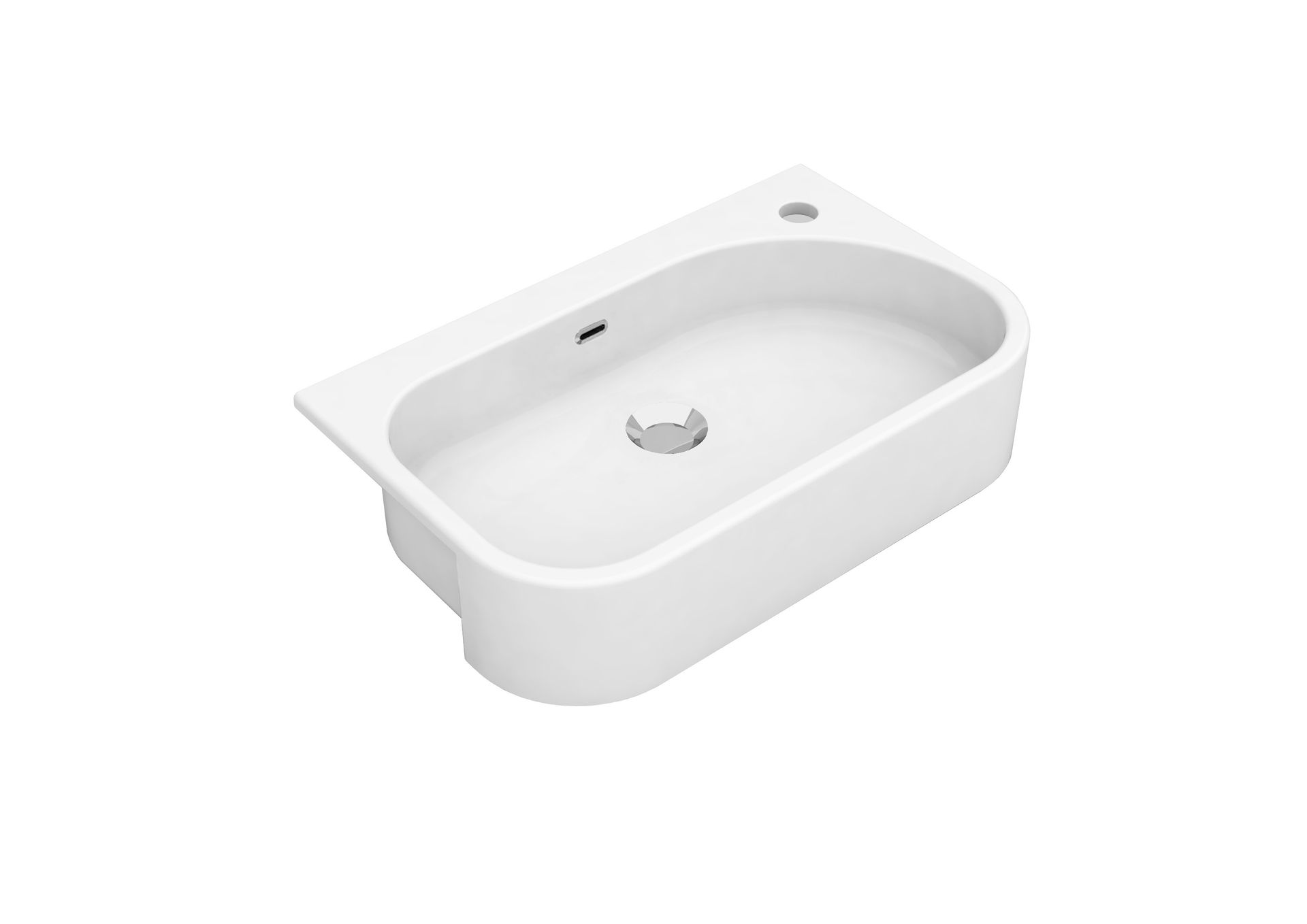 Lavandino da bagno rettangolare in ceramica bianca con rubinetto e fori di scarico.