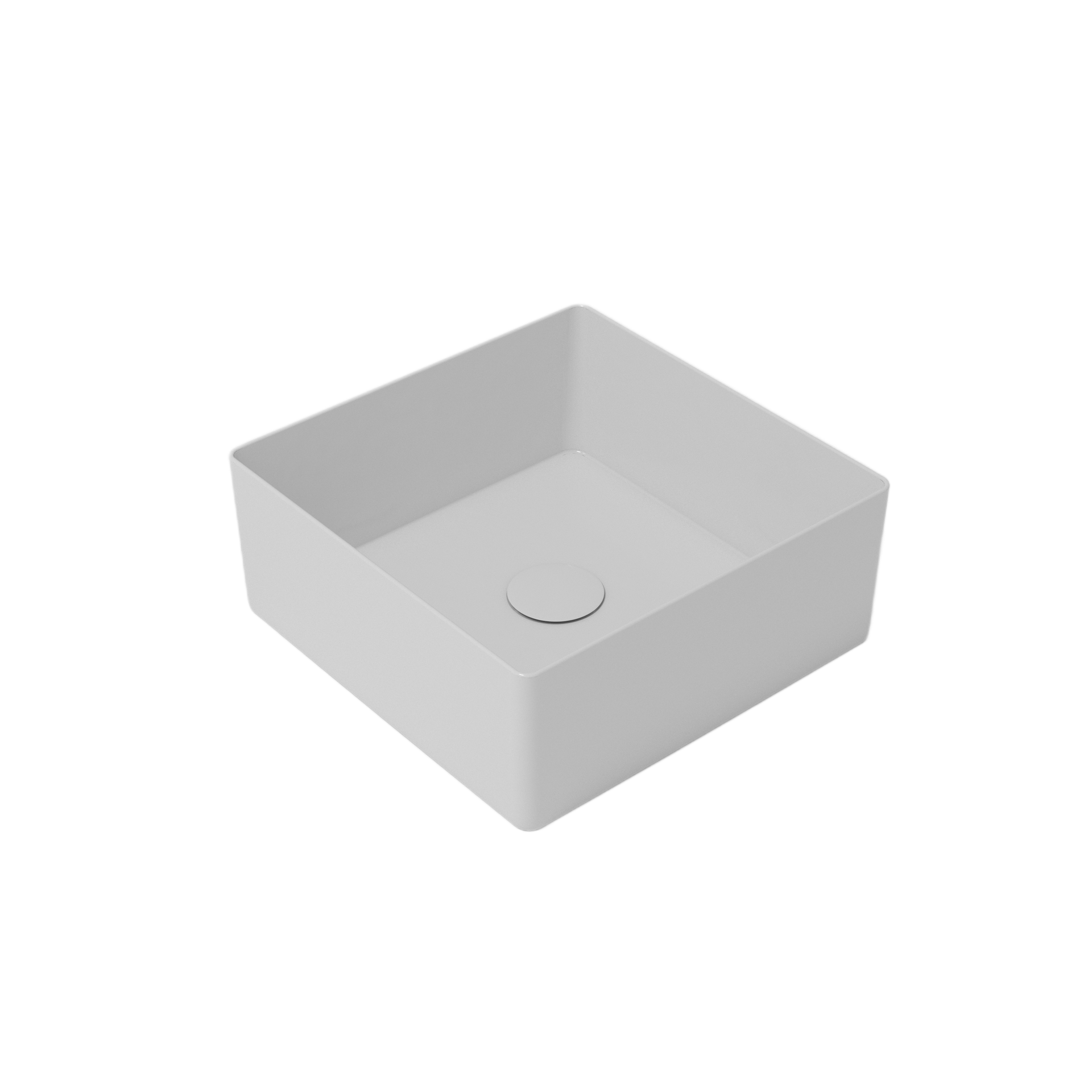 Lavandino da bagno quadrato in ceramica bianca con scarico centrale, su sfondo bianco.