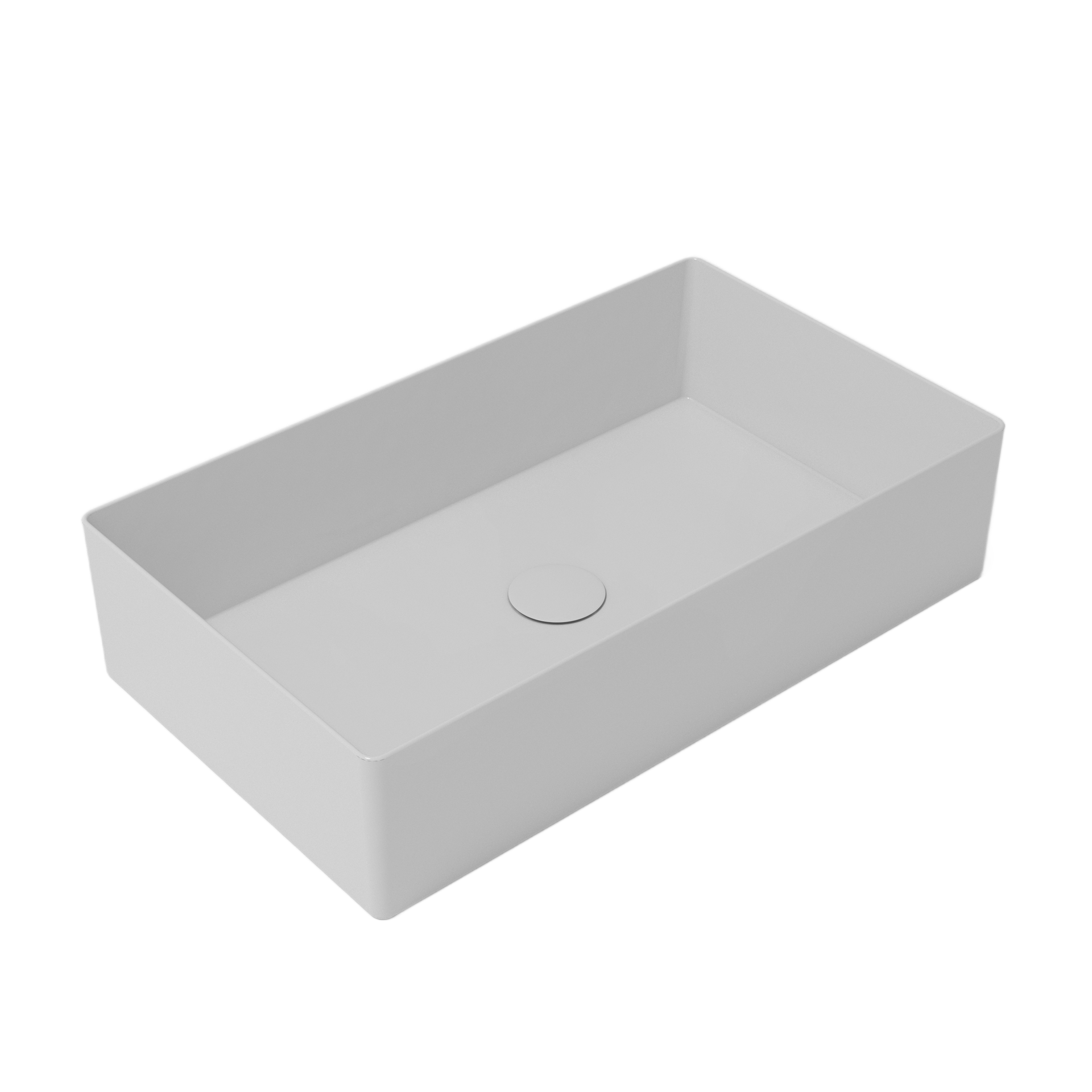 Lavandino da bagno rettangolare in ceramica grigio chiaro con scarico centrale.