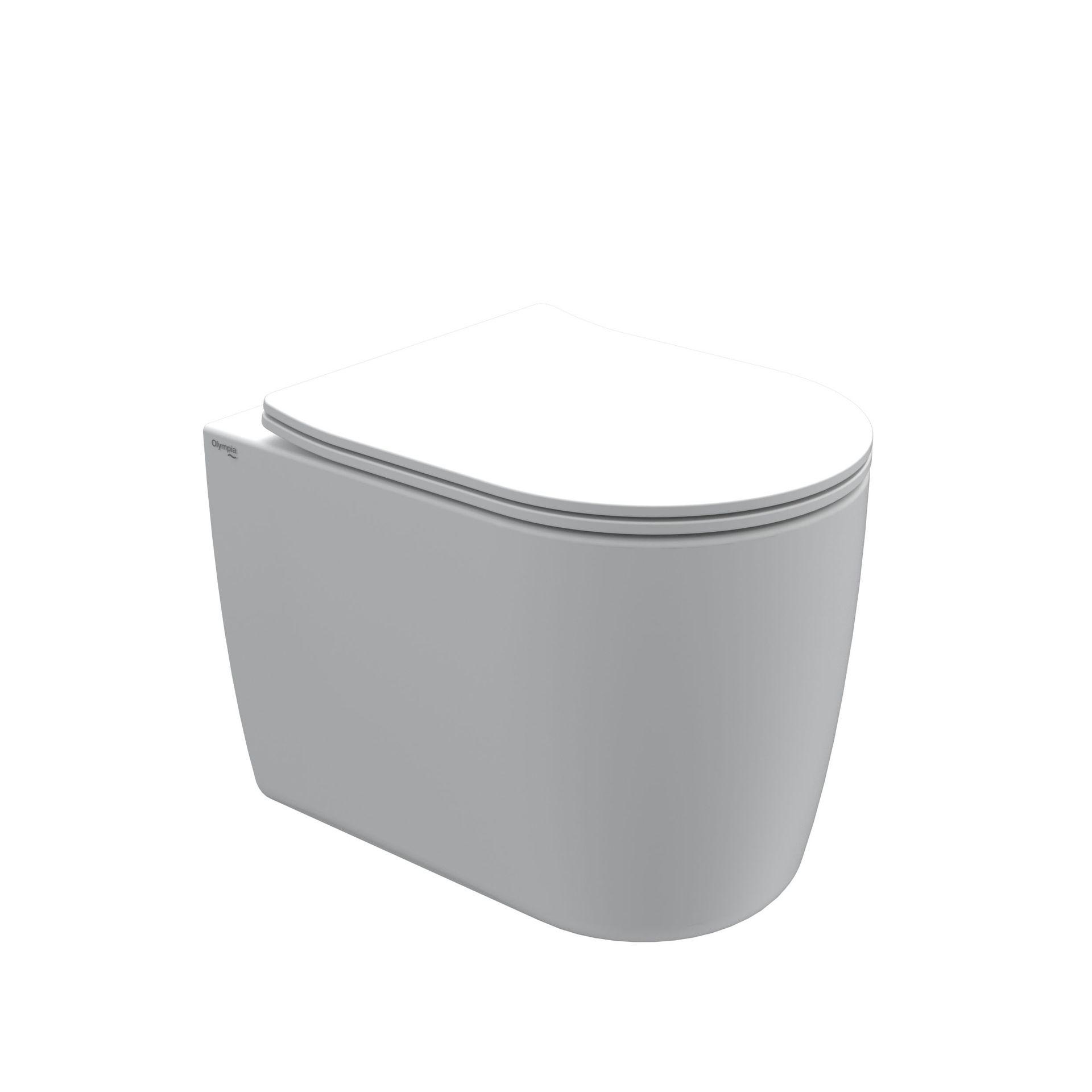 Mobile o lavabo moderno grigio dalle linee curve con piano bianco su sfondo neutro.