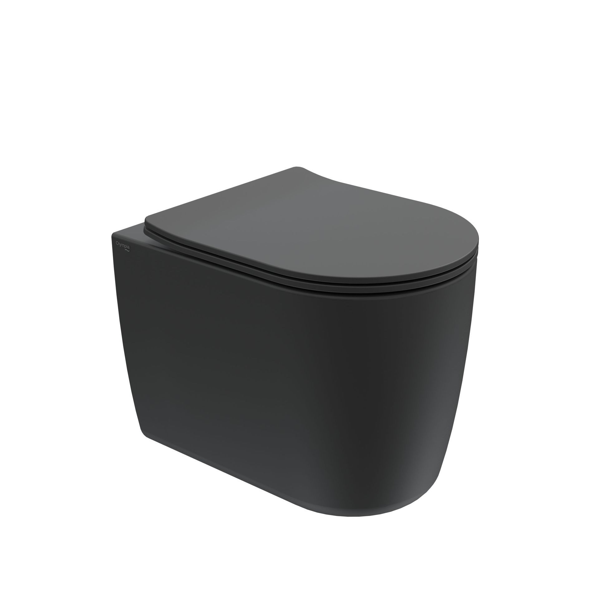 WC moderno nero con cassetta di scarico arrotondata e coperchio grigio su sfondo bianco.