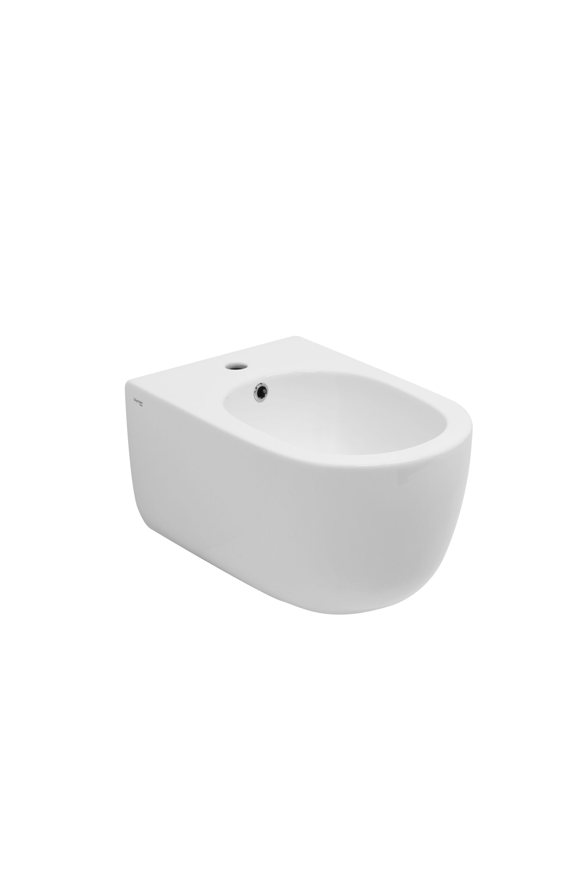 Bidet bianco sospeso, con vaso ovale e piccolo foro per il rubinetto.