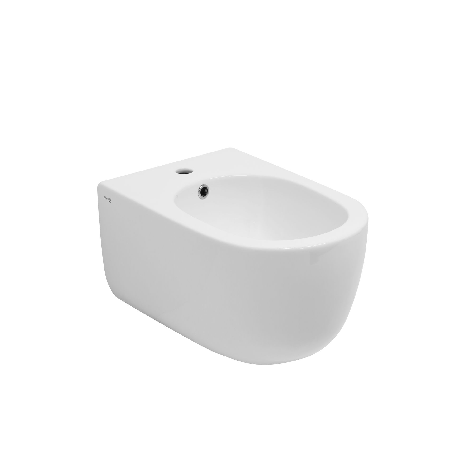 Bidet a parete in ceramica bianca con fori per il rubinetto su sfondo liscio