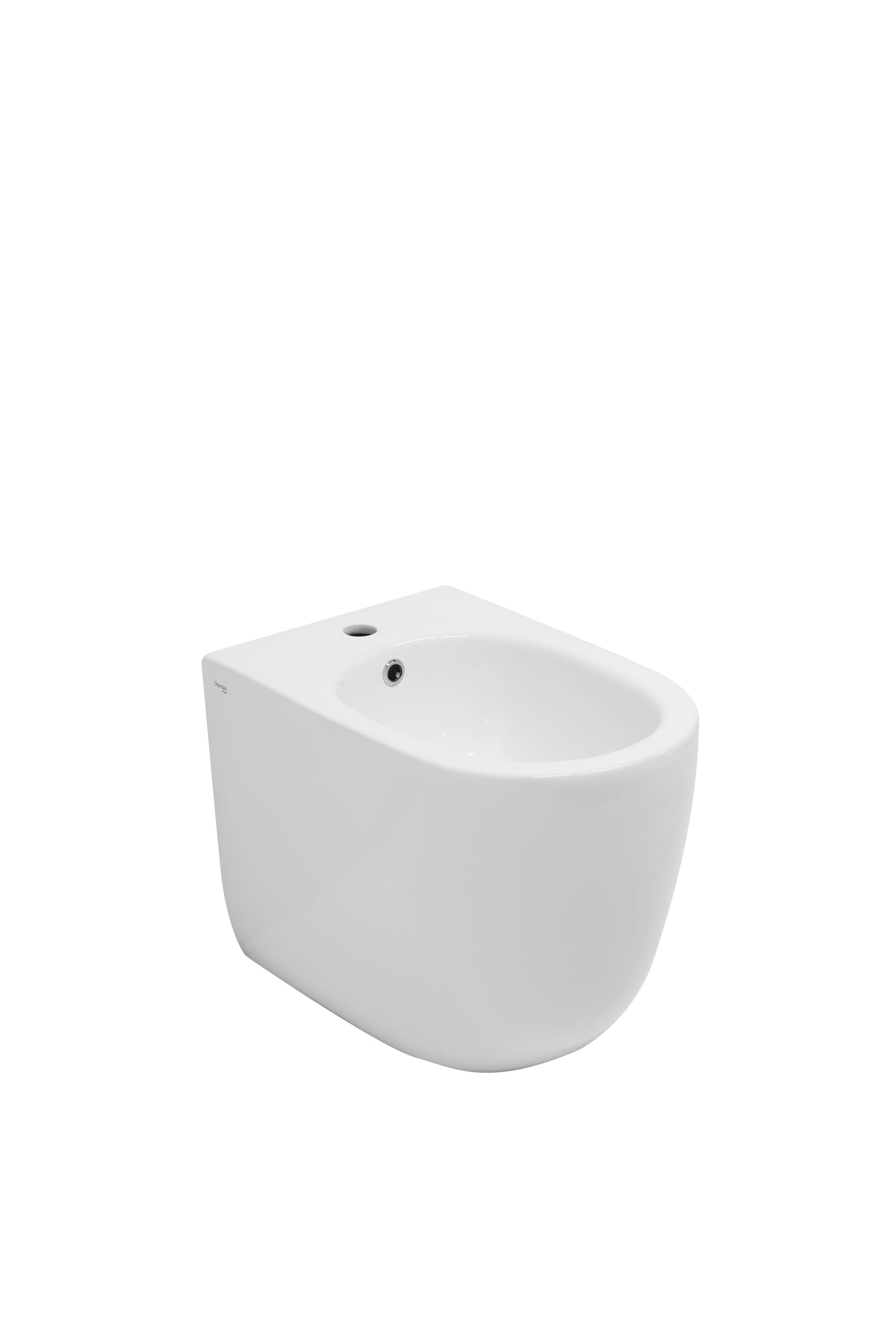 Bidet in porcellana bianca con due fori nella parte superiore, su sfondo bianco.