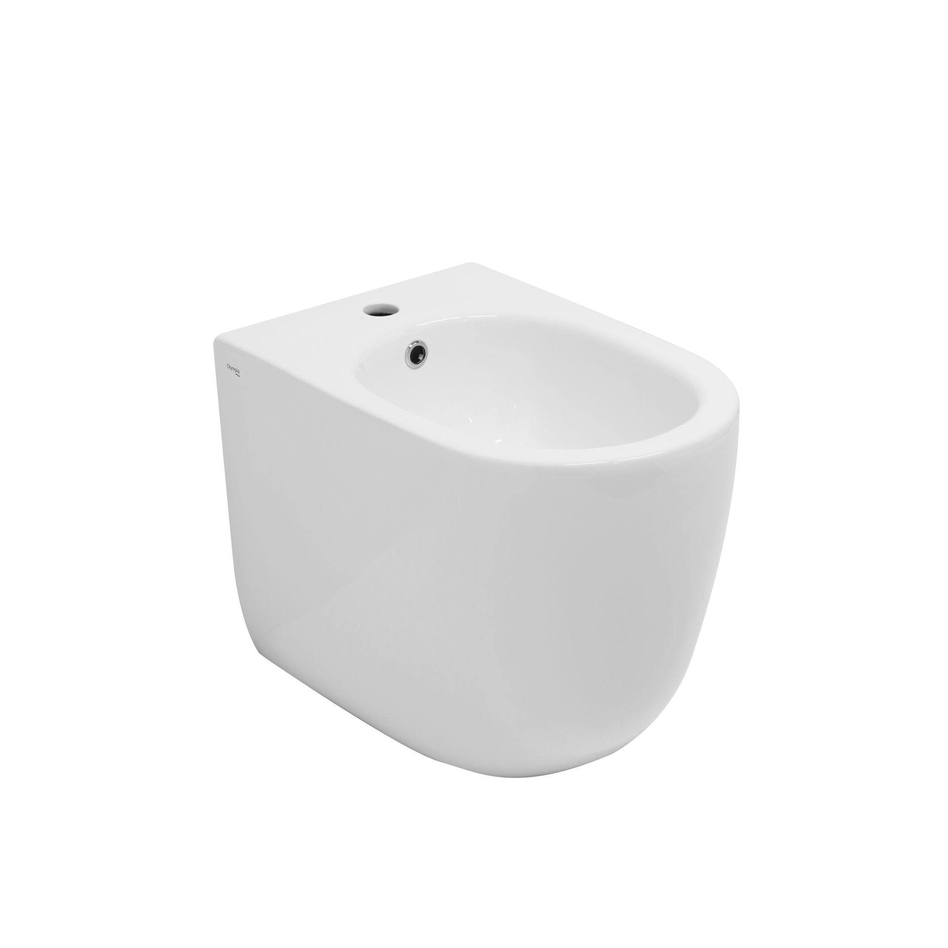 Bidet in ceramica bianca con un singolo foro per il rubinetto su sfondo liscio