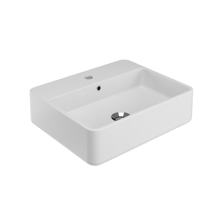 Lavandino da bagno rettangolare in ceramica bianca con rubinetto e fori di scarico.