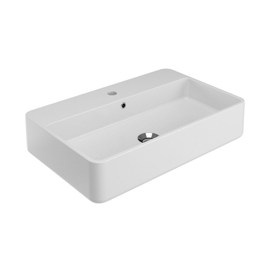 Lavandino da bagno rettangolare in ceramica bianca con rubinetto e fori di scarico.