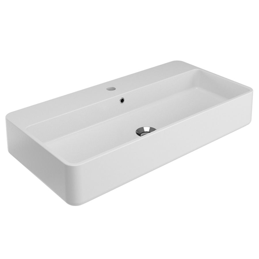 Lavandino da bagno rettangolare in ceramica bianca con rubinetto e fori di scarico.