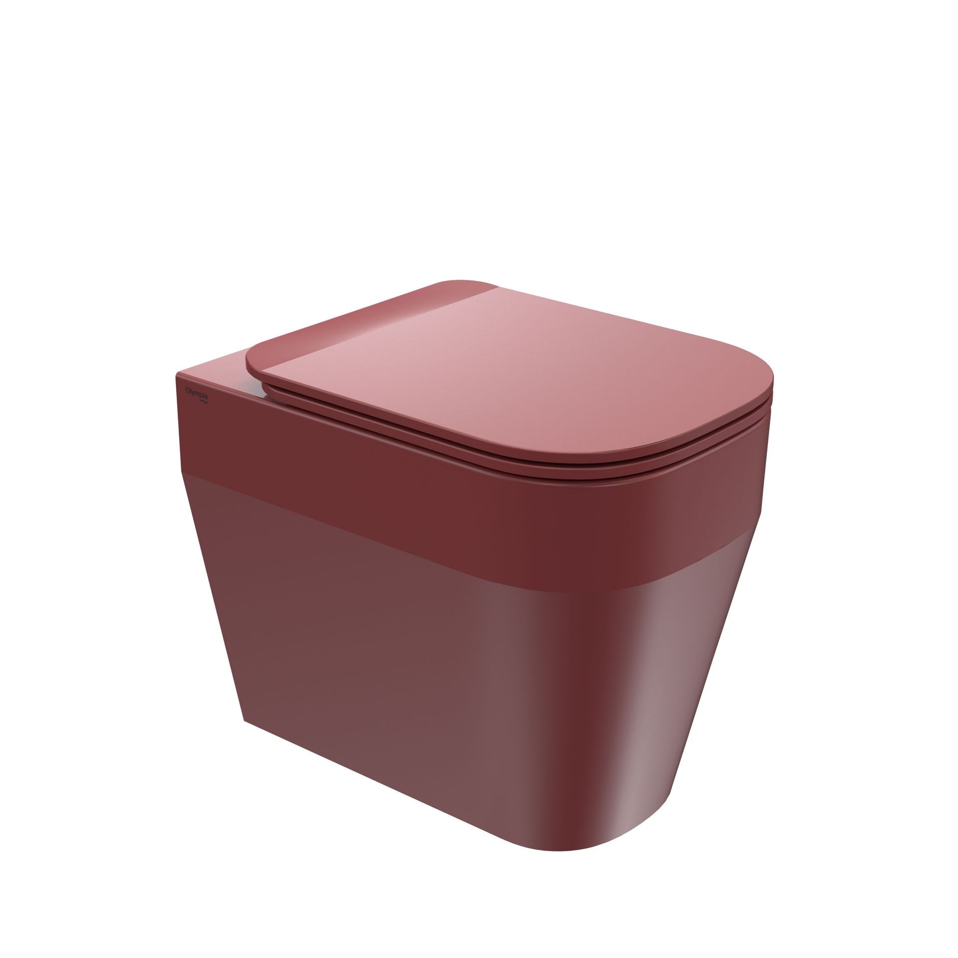 WC moderno color bordeaux con coperchio arrotondato, isolato su sfondo bianco.