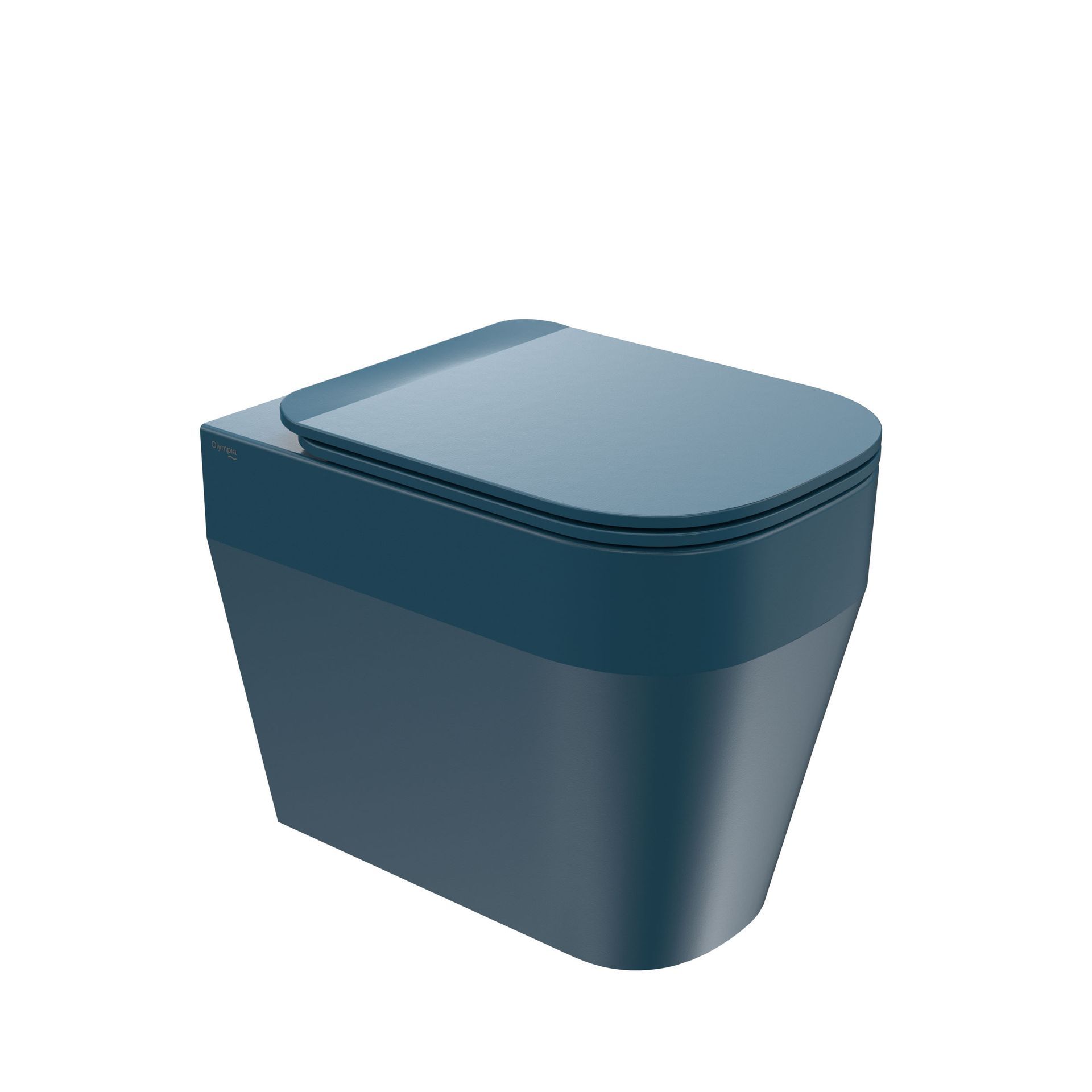 WC moderno blu-grigio con coperchio chiuso, mostrato su sfondo bianco.