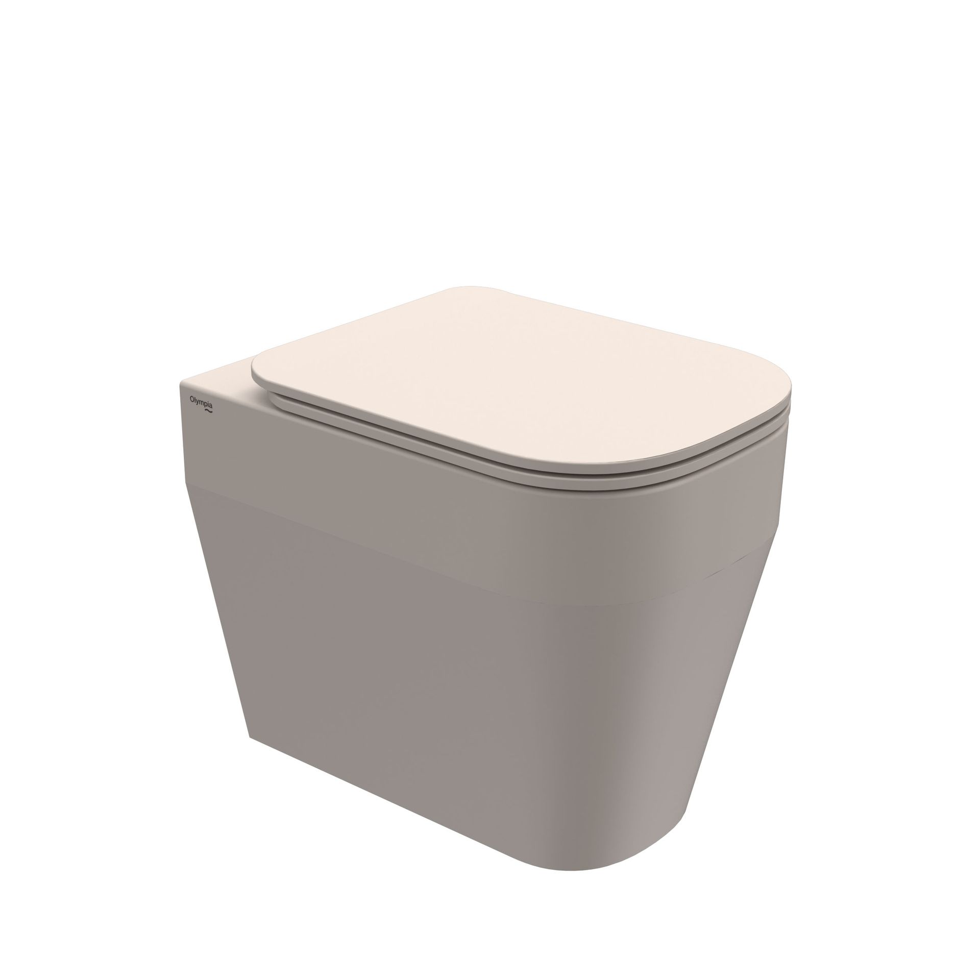 WC moderno sospeso di colore beige con coperchio chiuso su sfondo bianco.