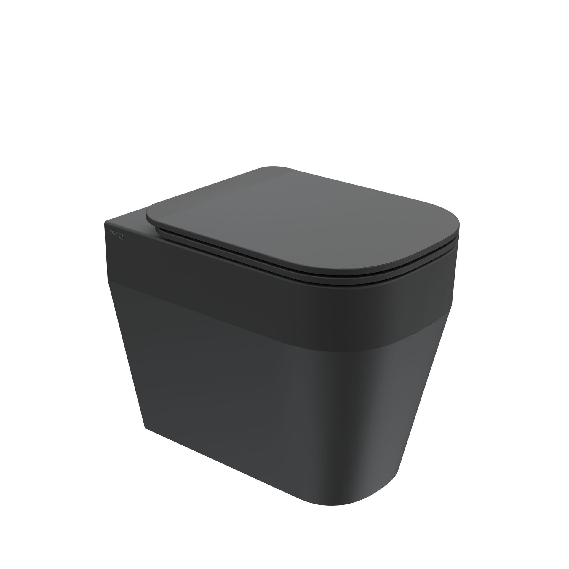 WC moderno nero con coperchio chiuso, mostrato su uno sfondo bianco uniforme.