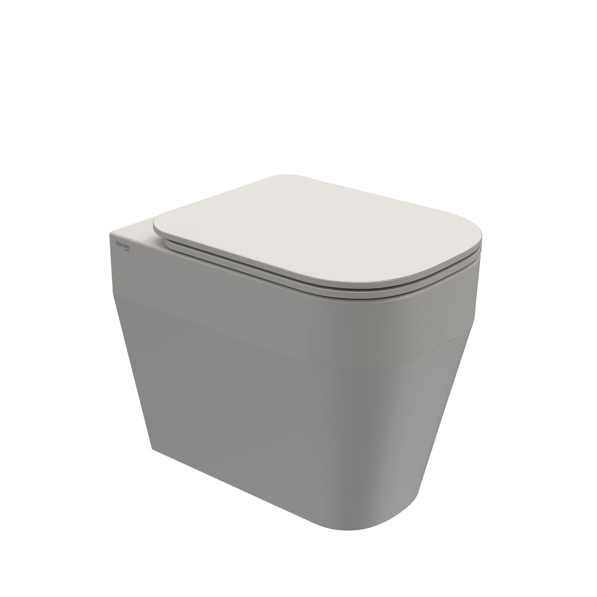 WC moderno di colore grigio con coperchio bianco chiuso su sfondo bianco.