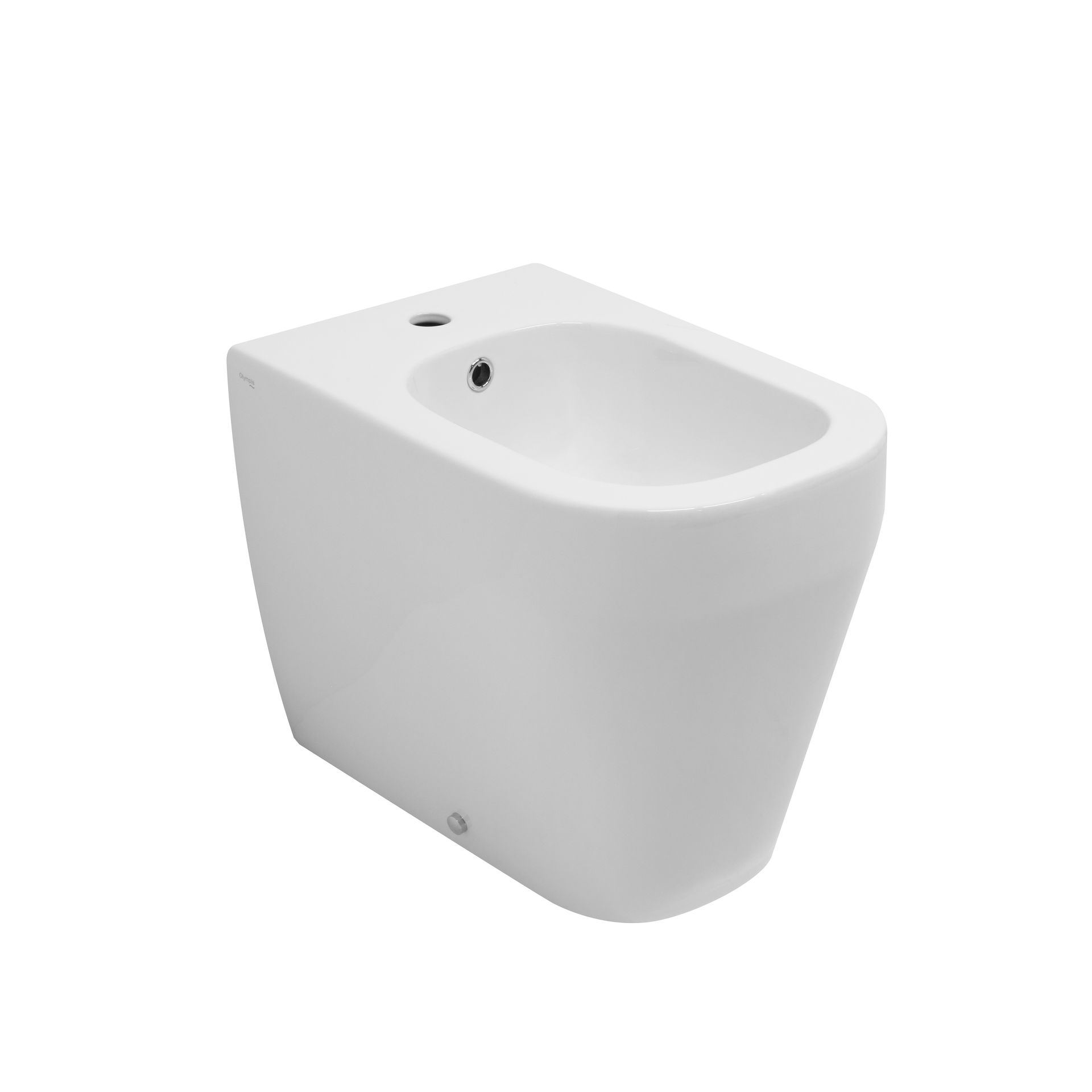 WC bidet moderno in ceramica bianca con vasca dalle linee morbide e curve e apertura laterale per l'ingresso dell'acqua.