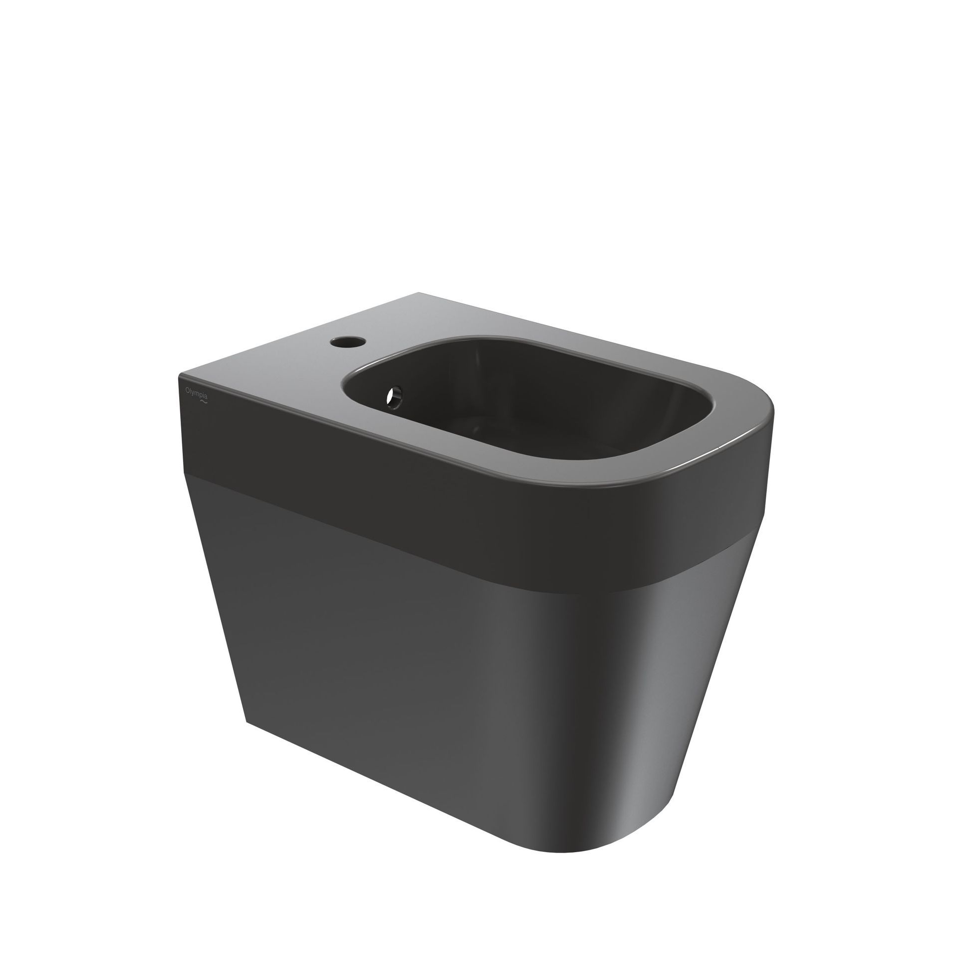 Toilette WC in ceramica nera con sedile aperto, mostrato su sfondo bianco.