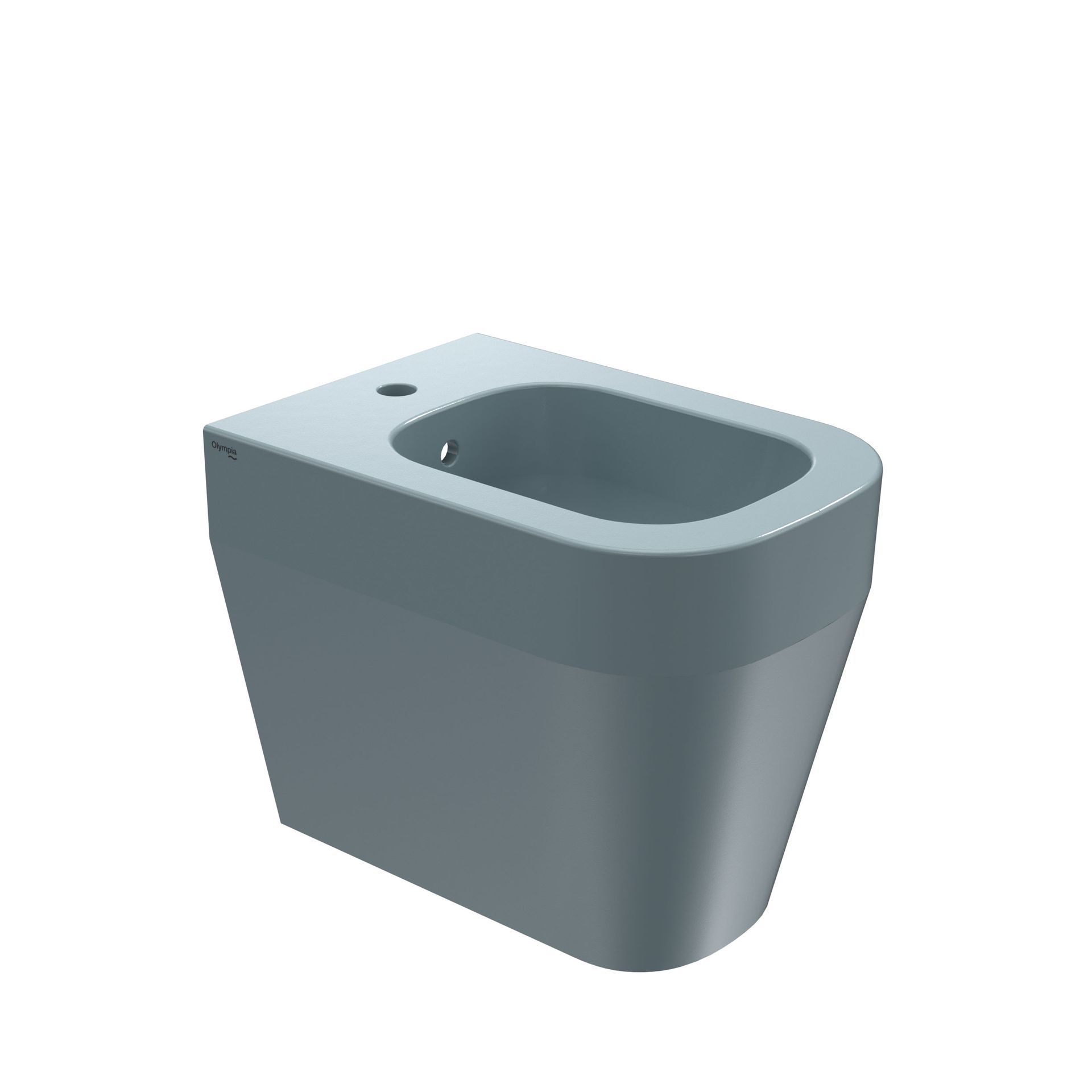 Toilette bidet in ceramica grigia con foro per rubinetto integrato, isolata su sfondo bianco.
