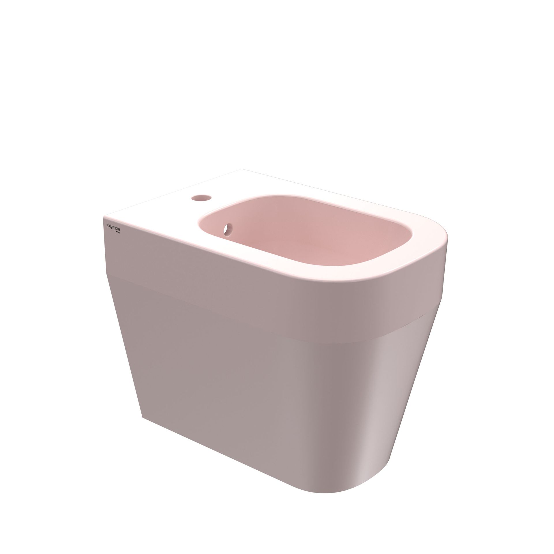 Toilette bidet in ceramica rosa chiaro e bianca, vista angolata su sfondo bianco.