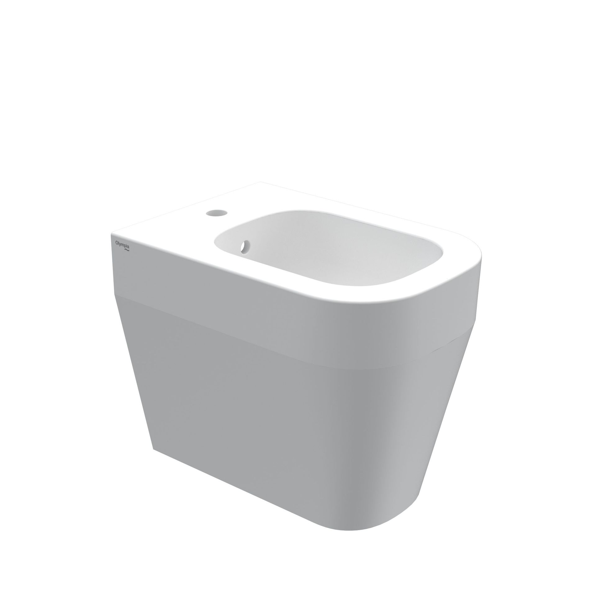 Bidet in ceramica bianca con vasca arrotondata, mostrato in una vista prodotto in stile studio.