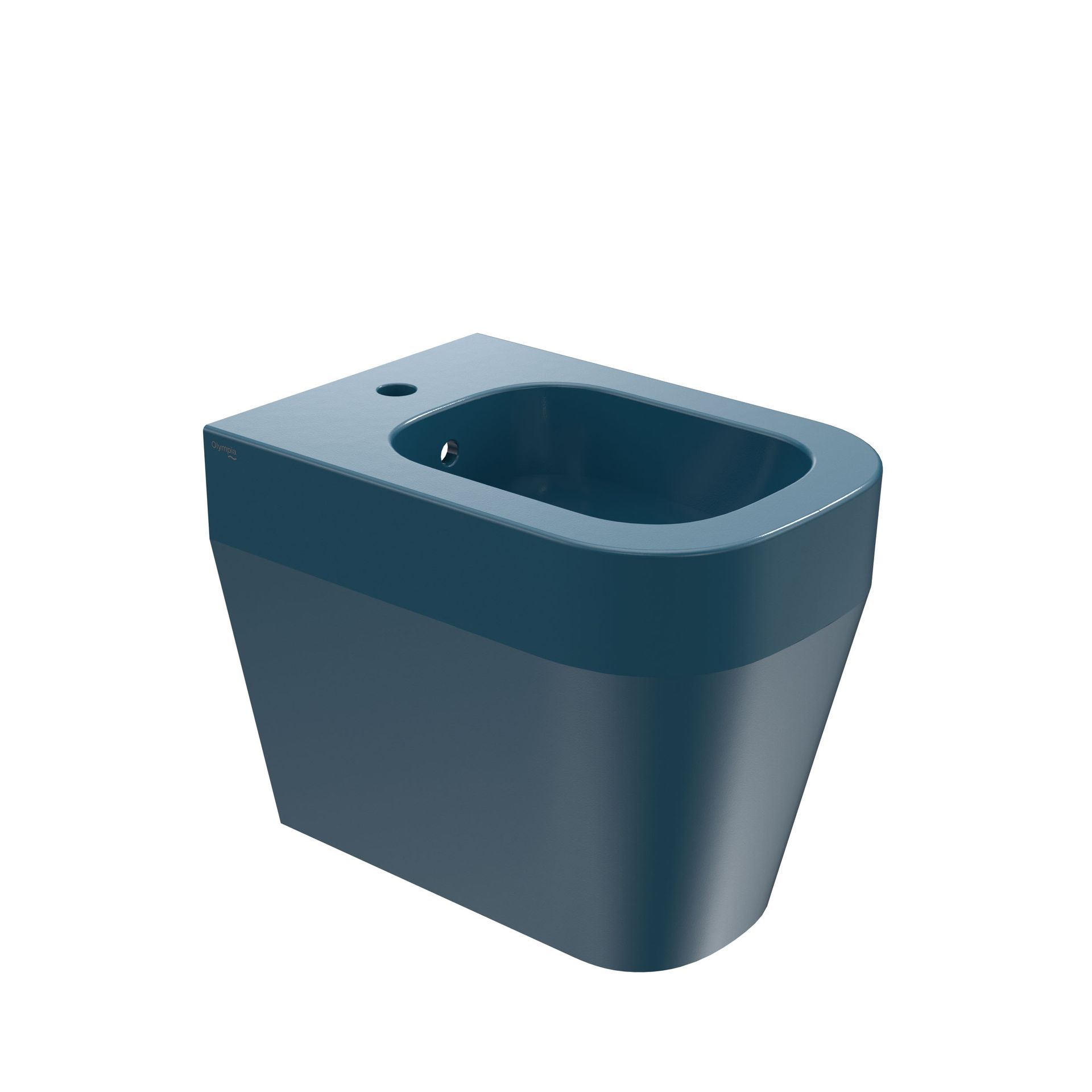 Vaso WC in ceramica blu con cassetta e coperchio integrati, su sfondo bianco.