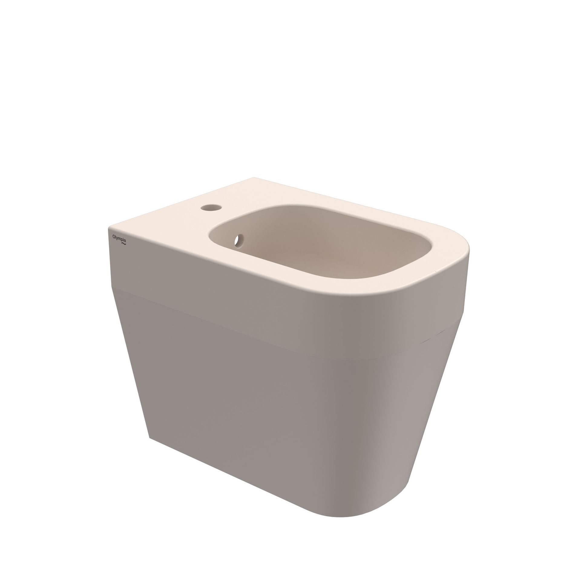 Bidet a parete di colore beige con vasca arrotondata e foro singolo per il rubinetto.
