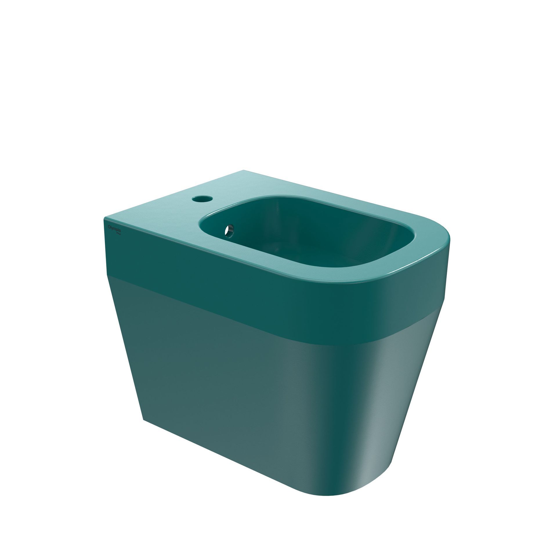 Rubinetto bidet color verde acqua con tazza ovale e foro di comando laterale.