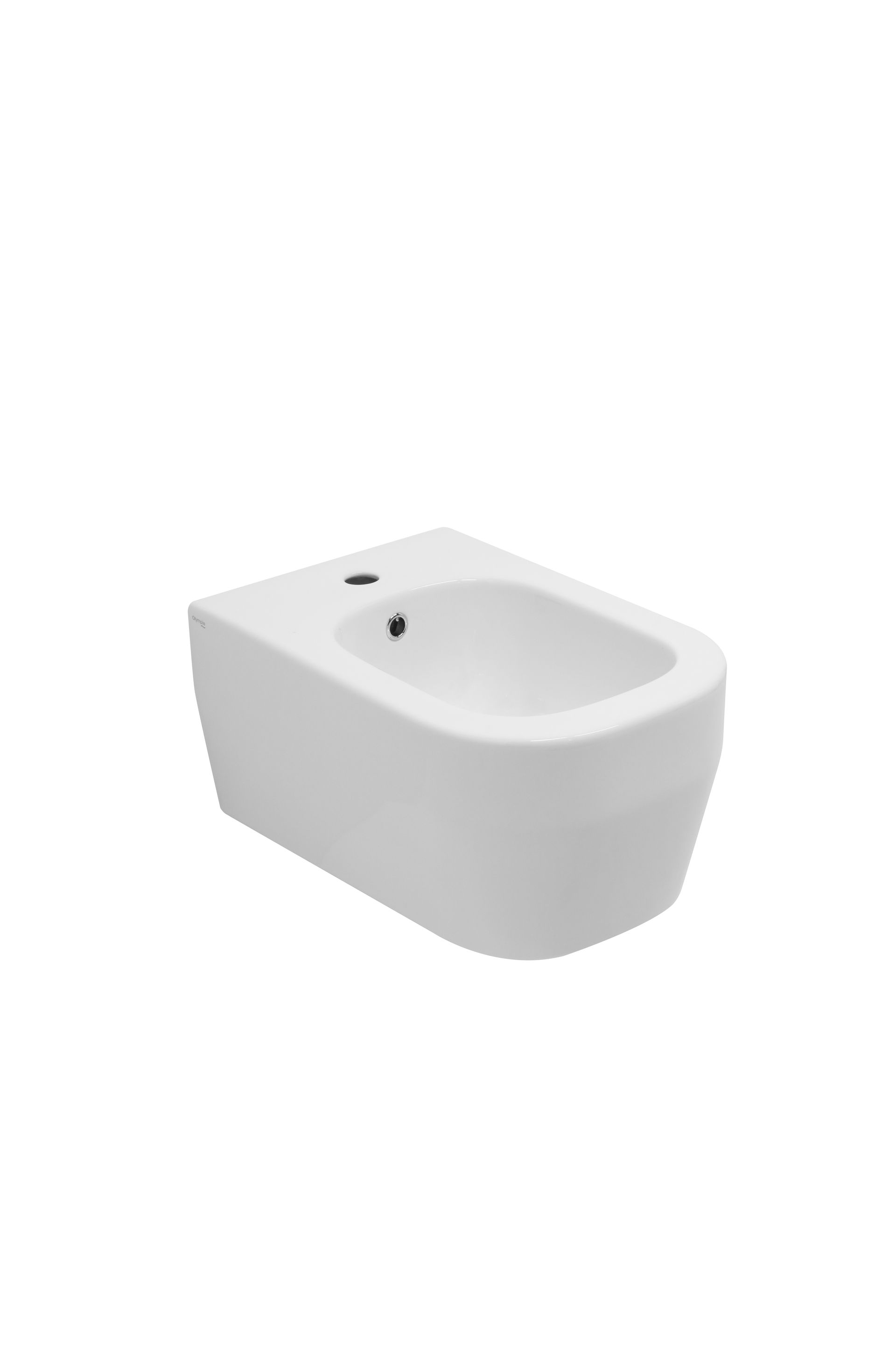 Bidet bianco sospeso con vaso centrale e ugello singolo, su sfondo bianco.