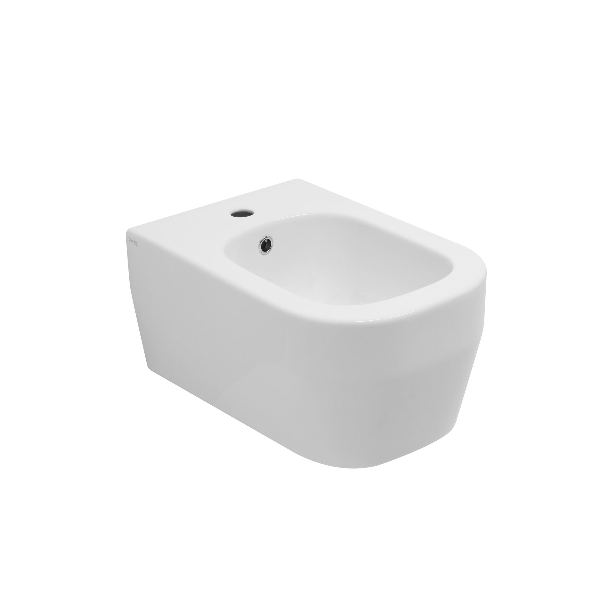 Bidet in ceramica bianca a parete con foro per rubinetto integrato su sfondo liscio