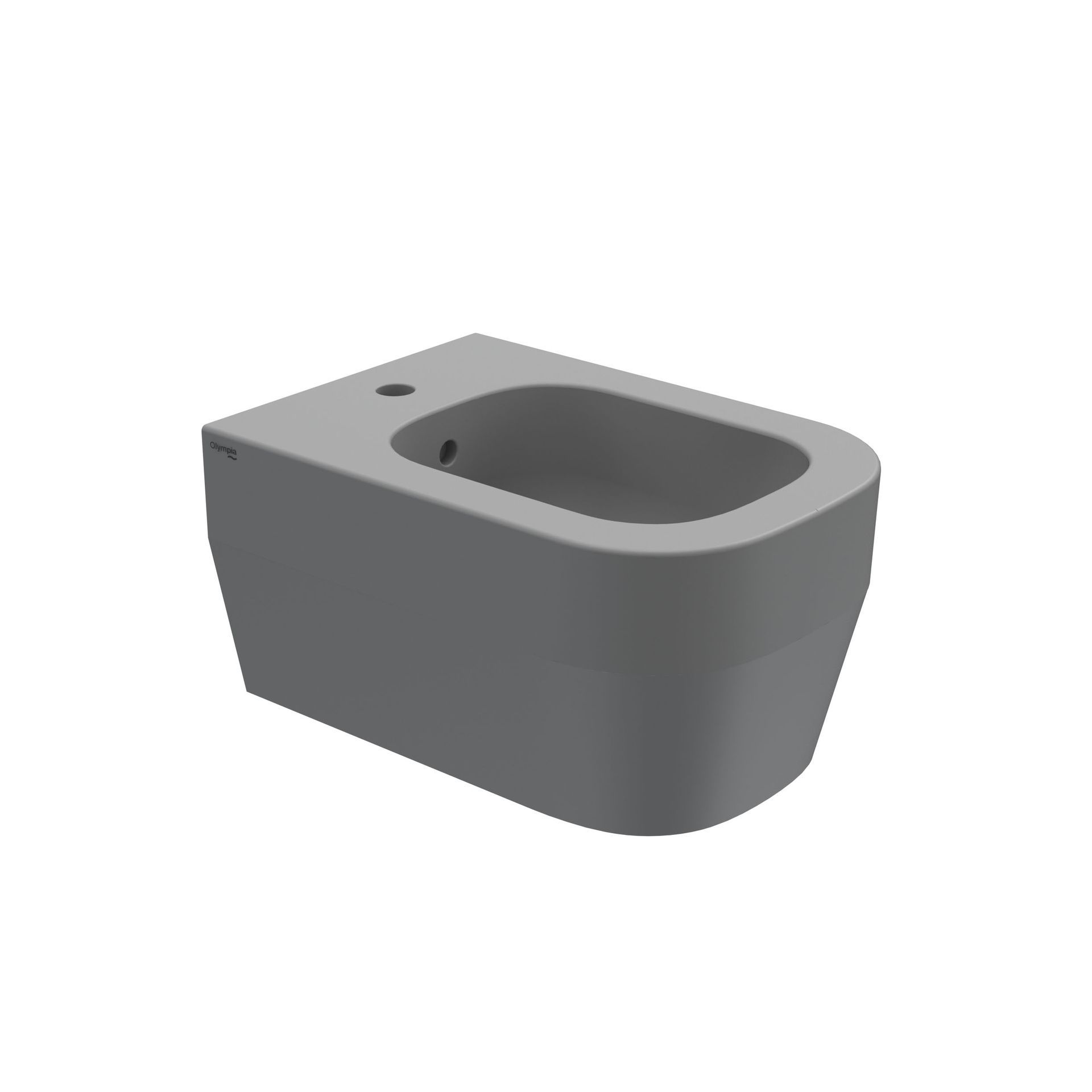 Bidet grigio a parete con tazza ovale e foro per rubinetto nella parte superiore, mostrato su sfondo bianco.
