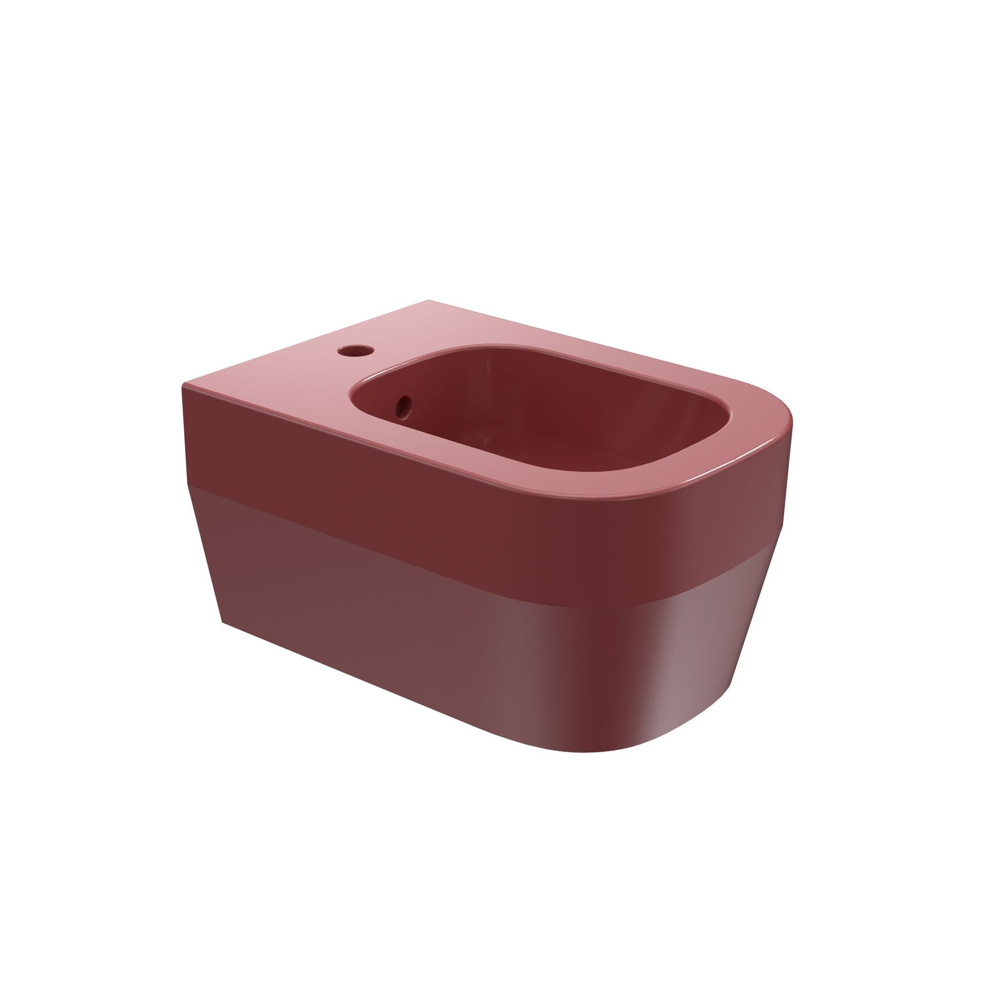 Bidet in ceramica color bordeaux con vasca ovale e fori laterali su sfondo bianco.
