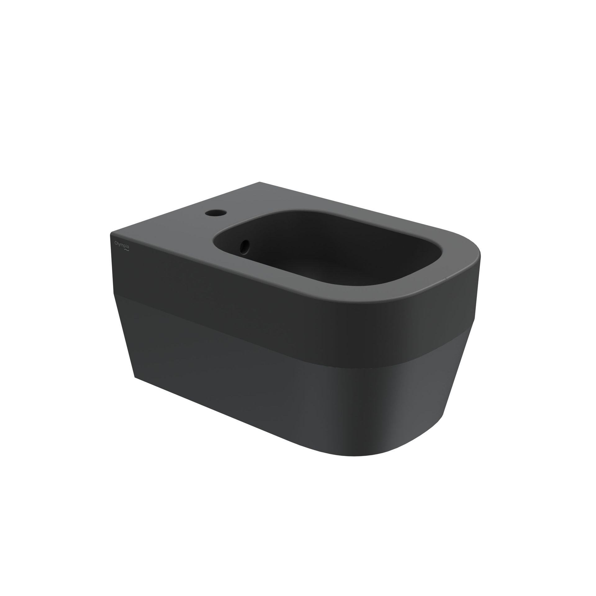 WC bidet a parete di colore nero con vasca ovale e foro laterale, mostrato su sfondo bianco.