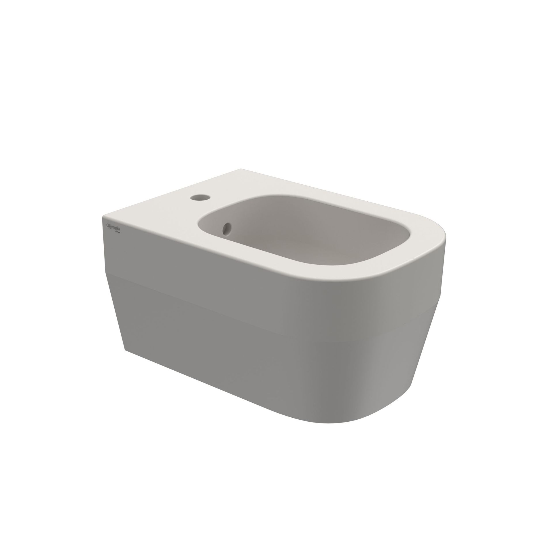 Bidet a parete in ceramica bianca con vasca arrotondata e foro laterale, in un ambiente monolocale.