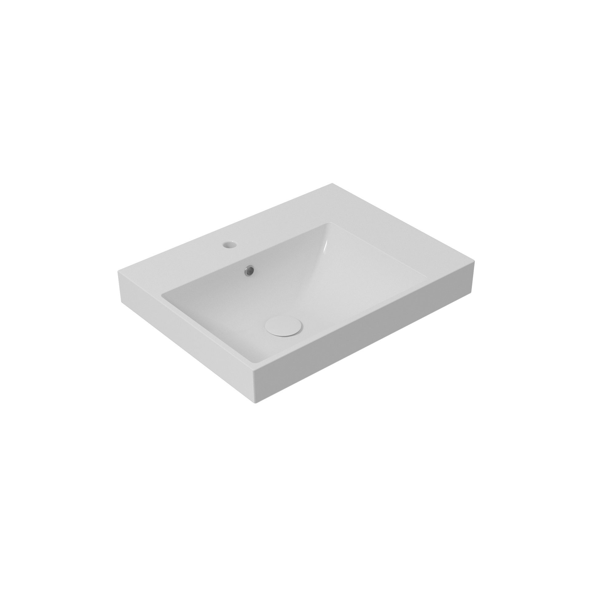 Lavandino da bagno rettangolare in ceramica bianca con rubinetto e fori di scarico.
