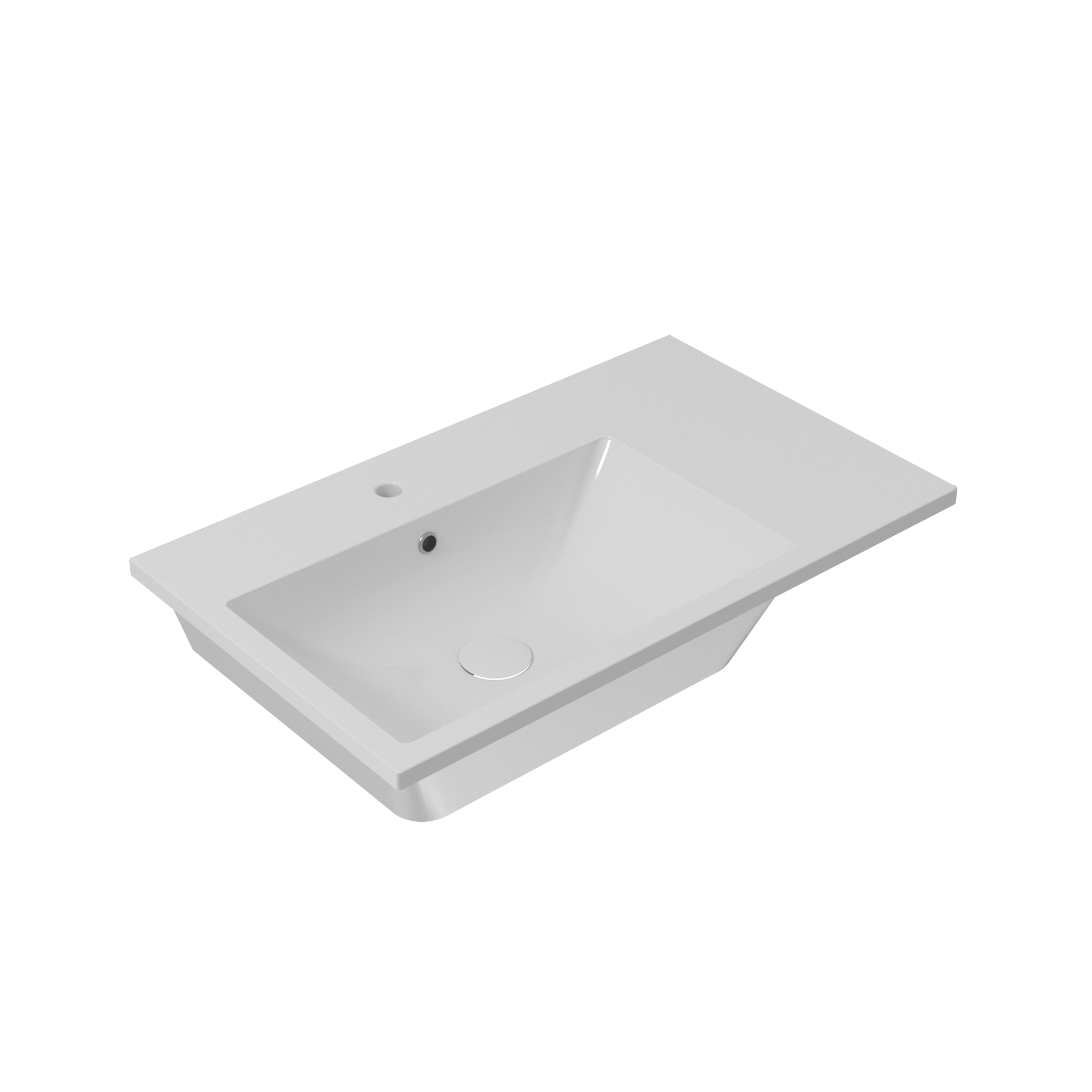 Lavandino da bagno rettangolare in ceramica bianca con rubinetto e fori di scarico.