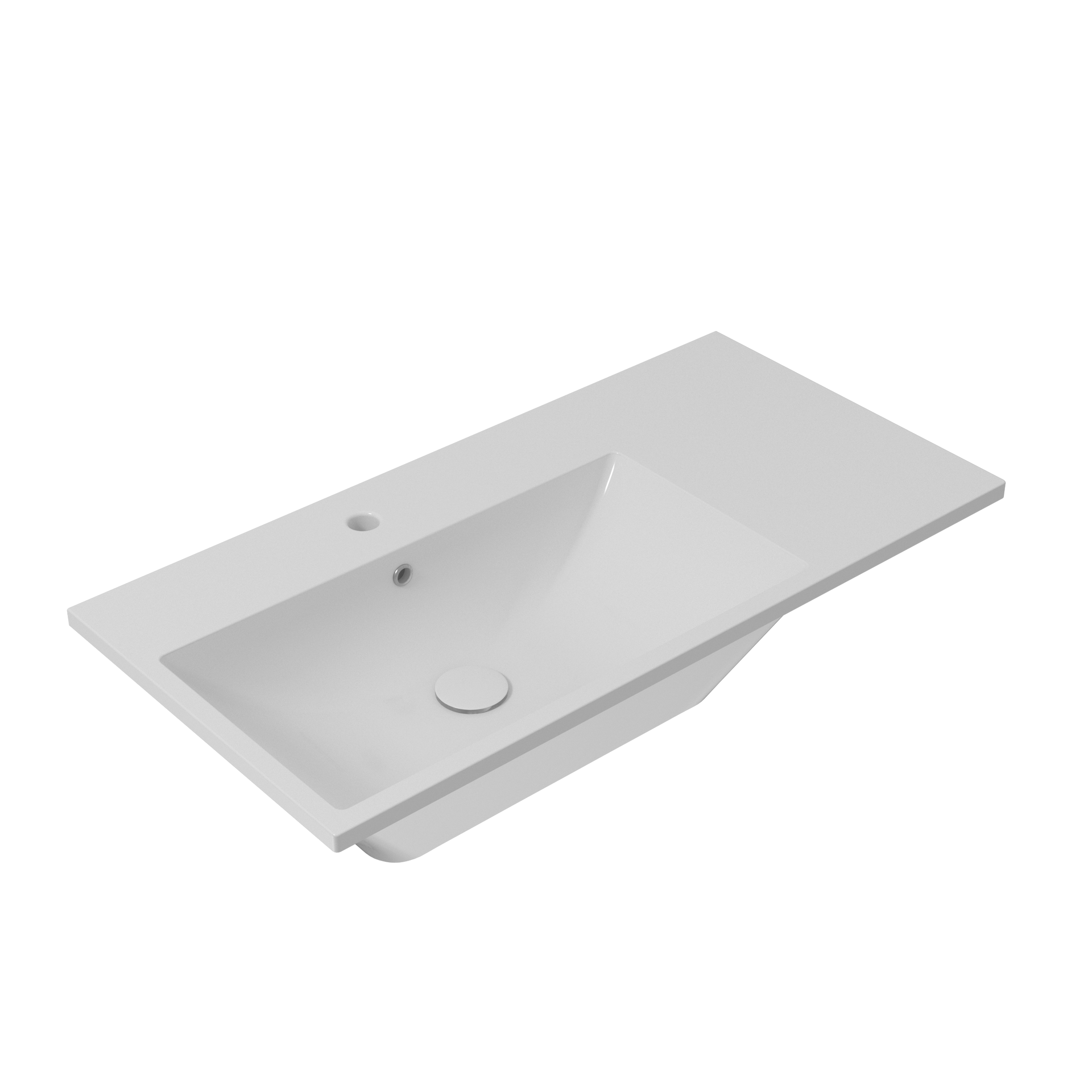 Lavandino da bagno rettangolare in ceramica bianca con rubinetto e fori di scarico.