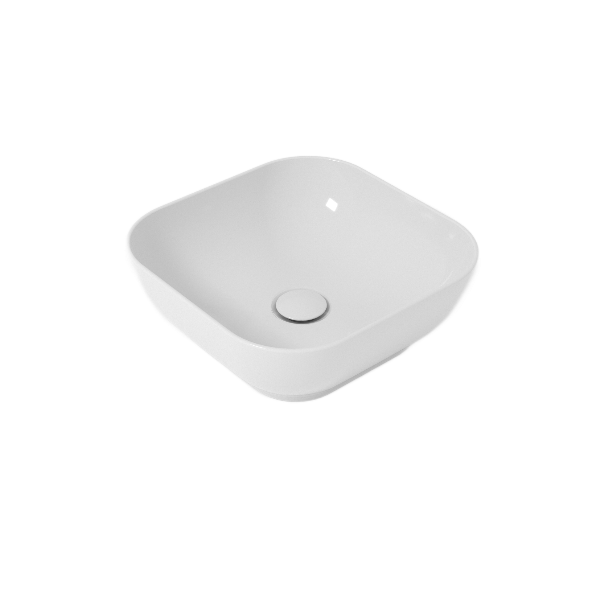Lavandino da bagno quadrato in ceramica bianca con scarico rotondo.
