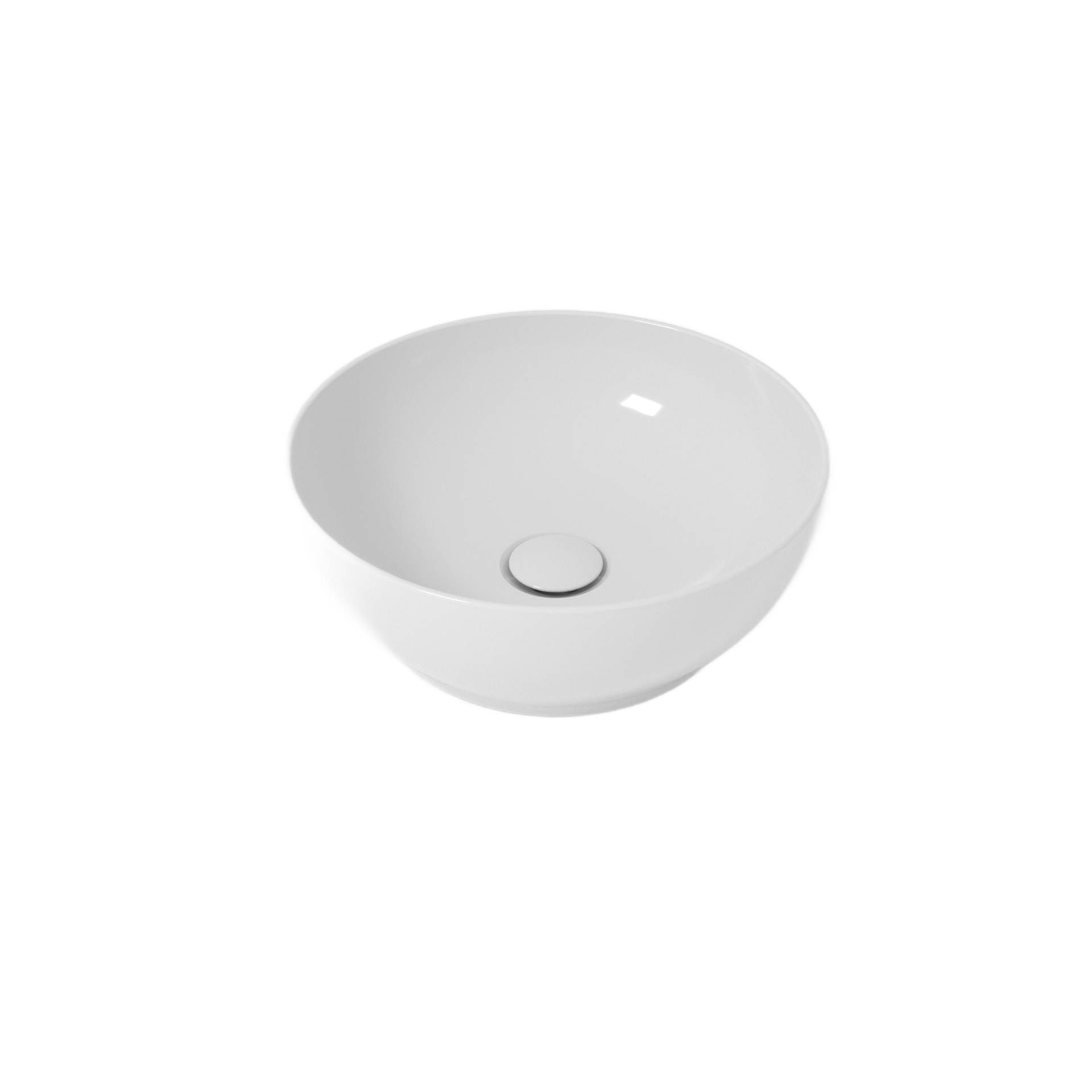 Lavandino da bagno rotondo in ceramica bianca su sfondo bianco.