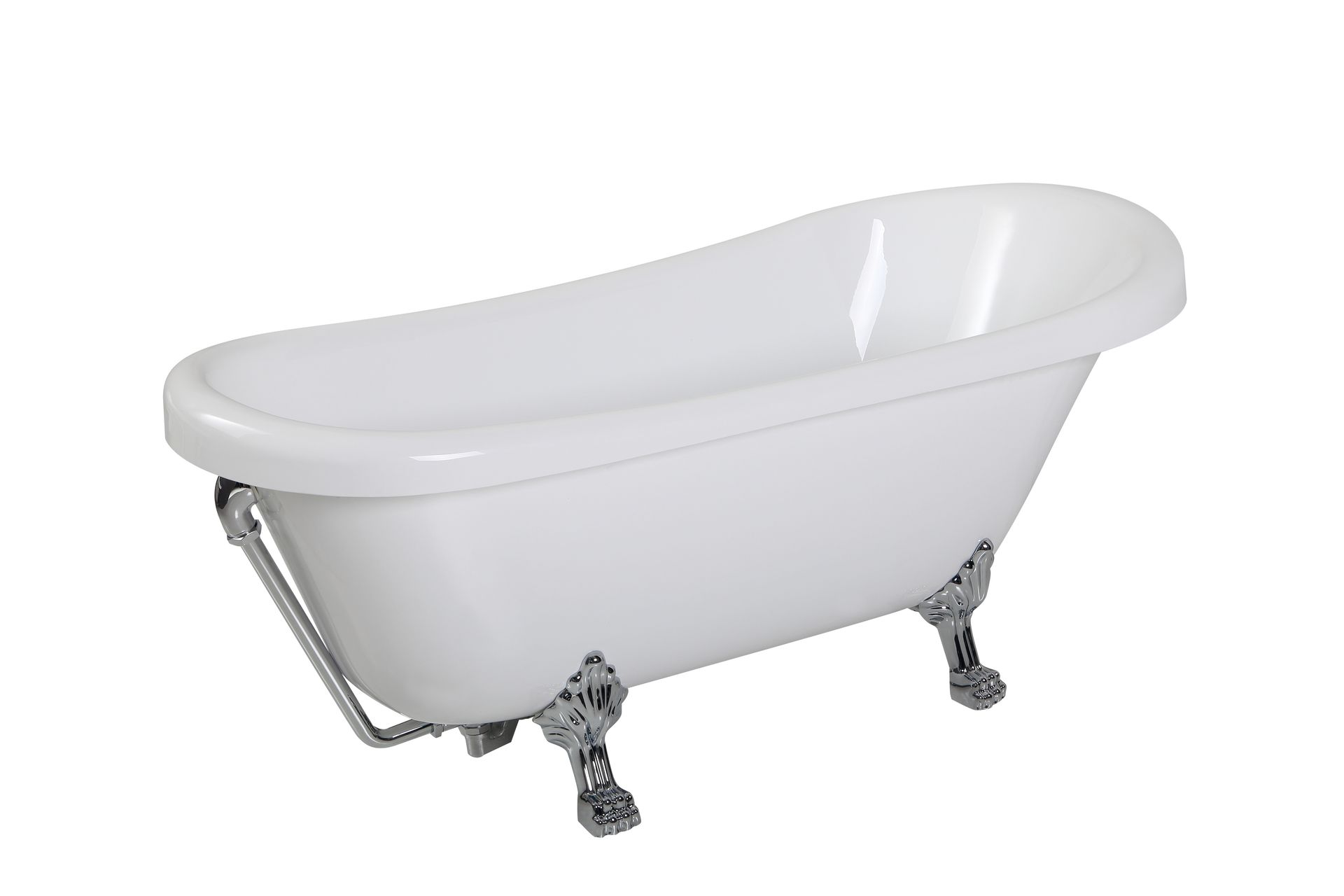 Una vasca da bagno bianca in stile vintage con piedini a zampa di leone e piedini metallici, isolata su sfondo bianco.