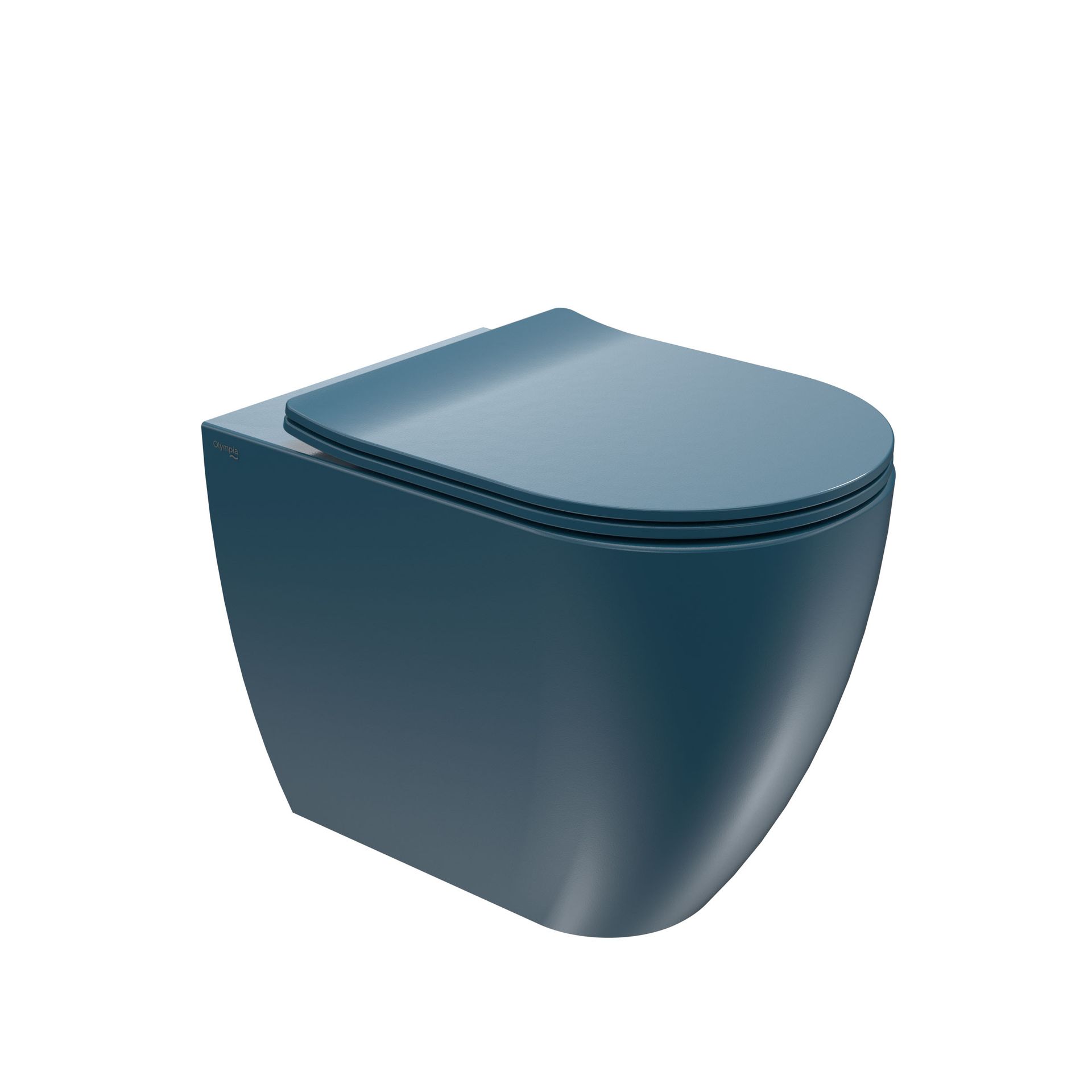WC moderno blu con coperchio chiuso, visto frontalmente da sinistra.