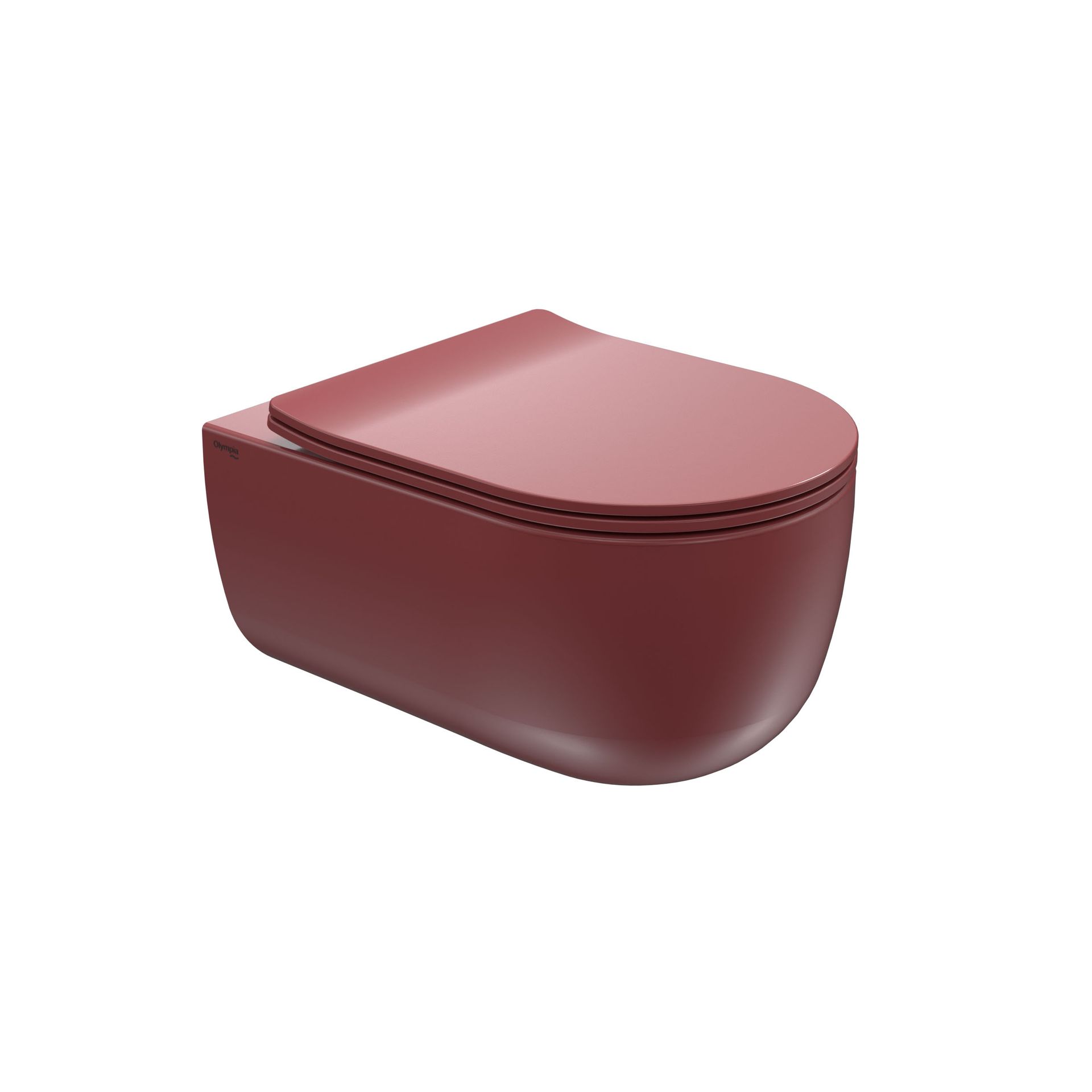 WC sospeso color bordeaux con coperchio arrotondato su sfondo bianco.