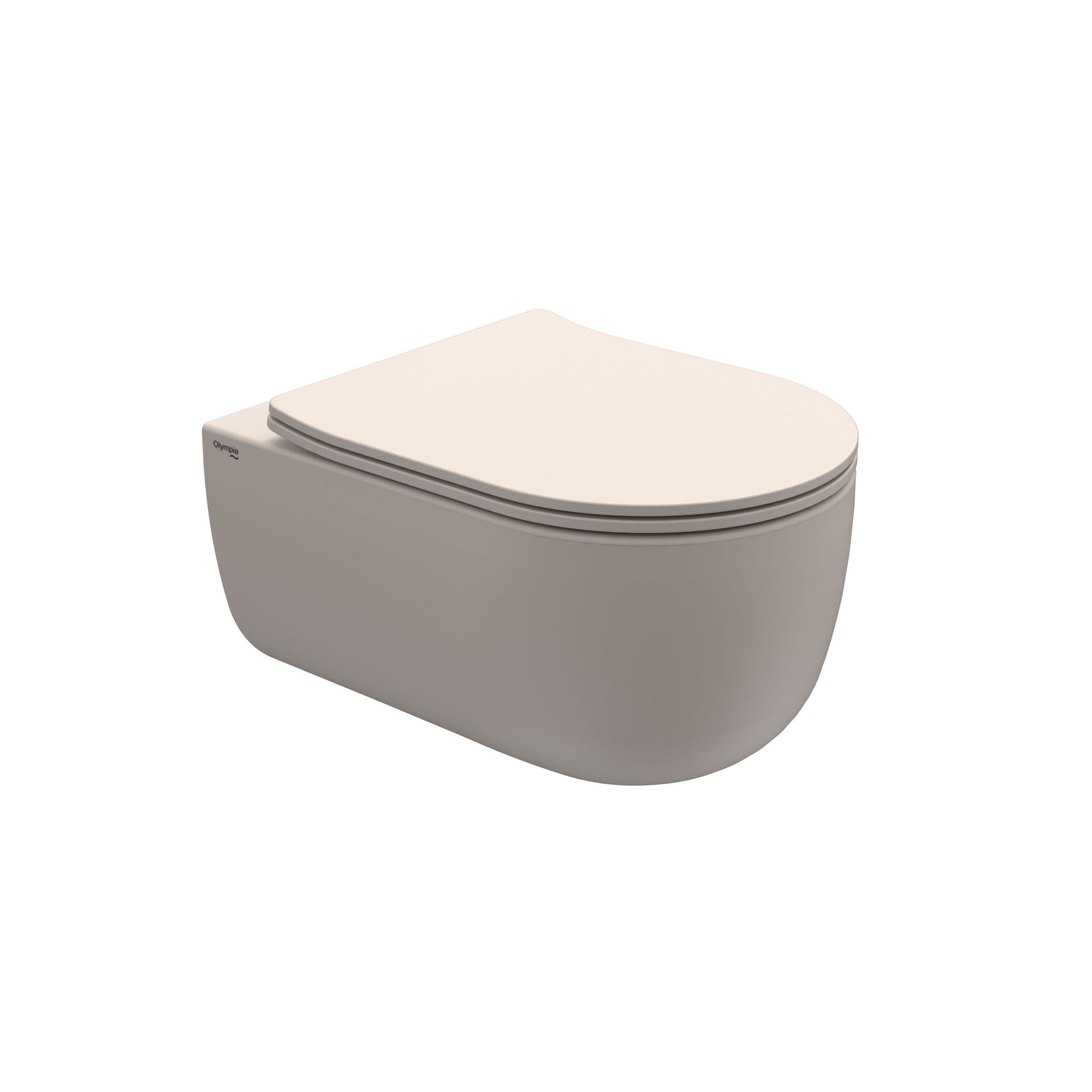 Elegante WC sospeso di colore grigio con coperchio beige chiaro su sfondo bianco.