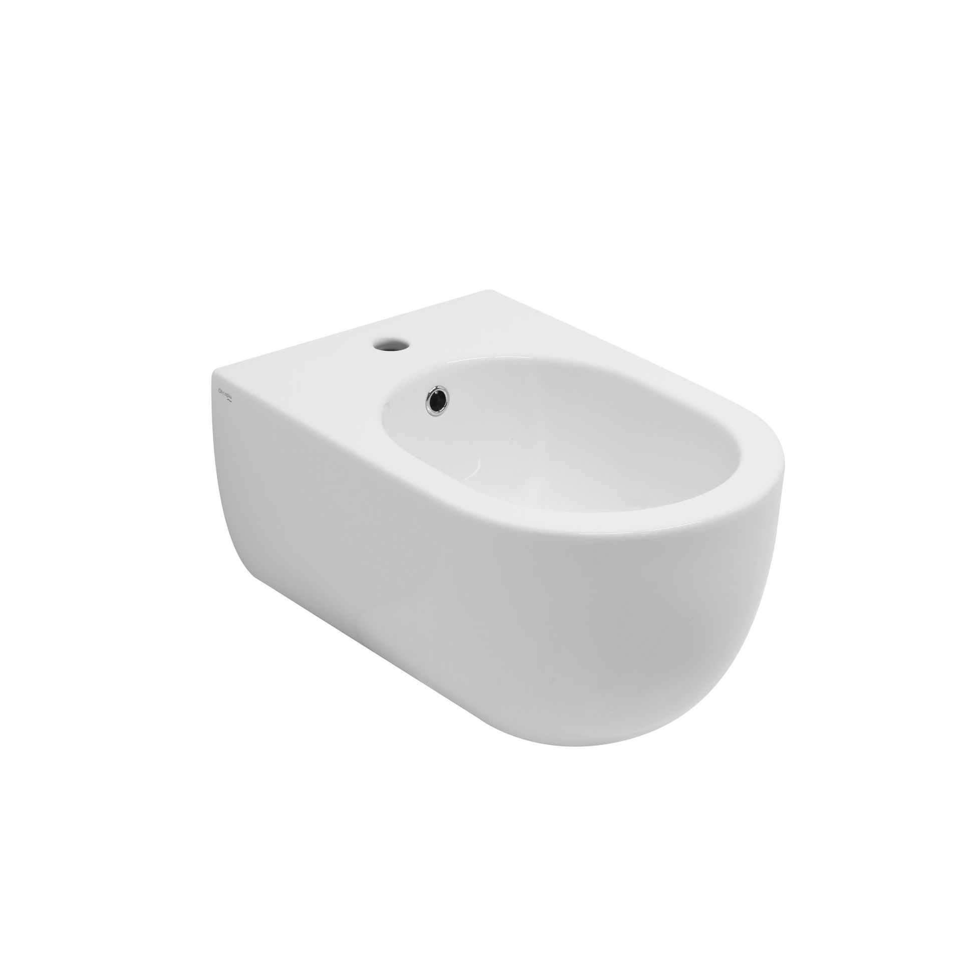 Bidet bianco a parete con tazza arrotondata e foro di scarico.