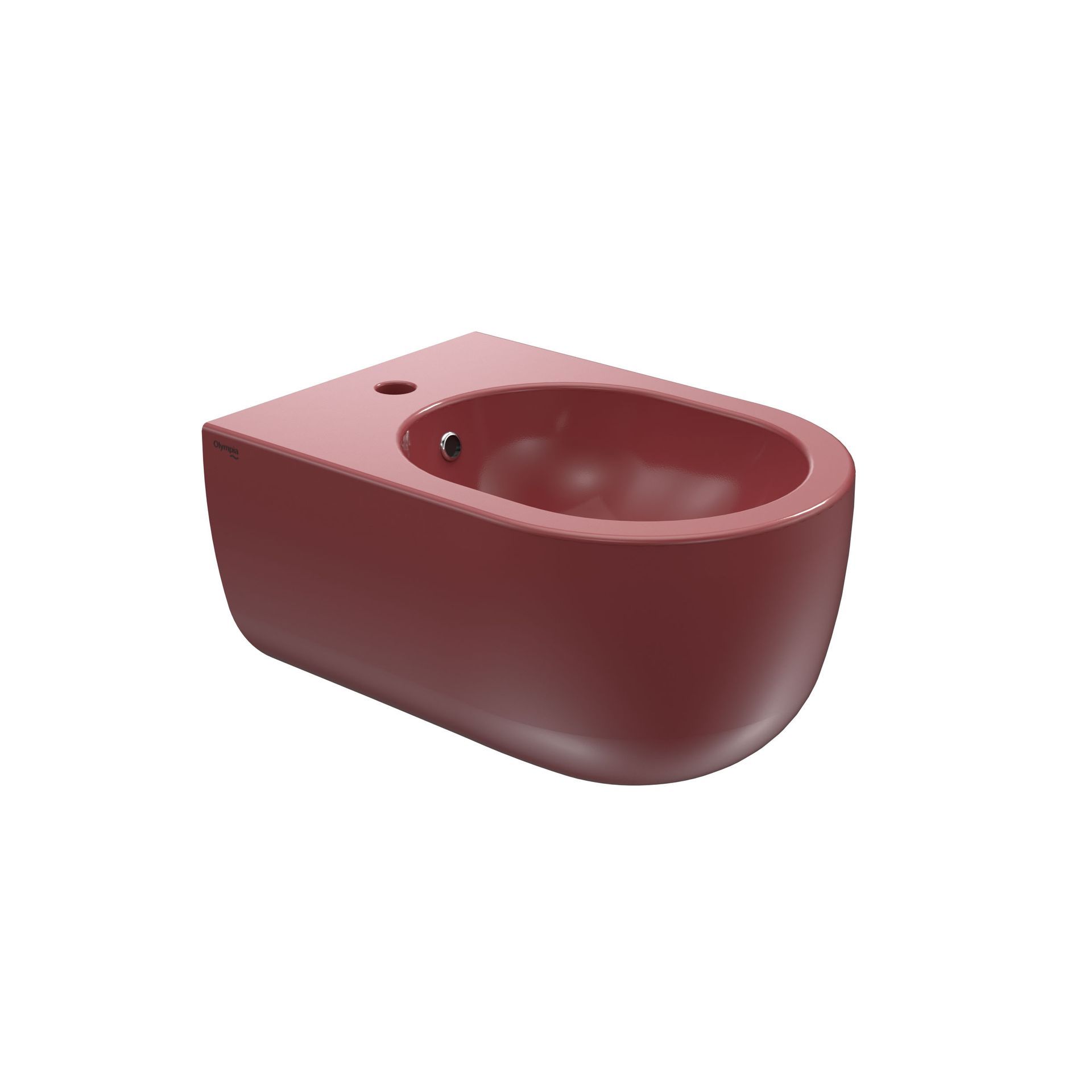 Bidet a parete in ceramica color bordeaux con lavabo ovale e foro singolo per il rubinetto.