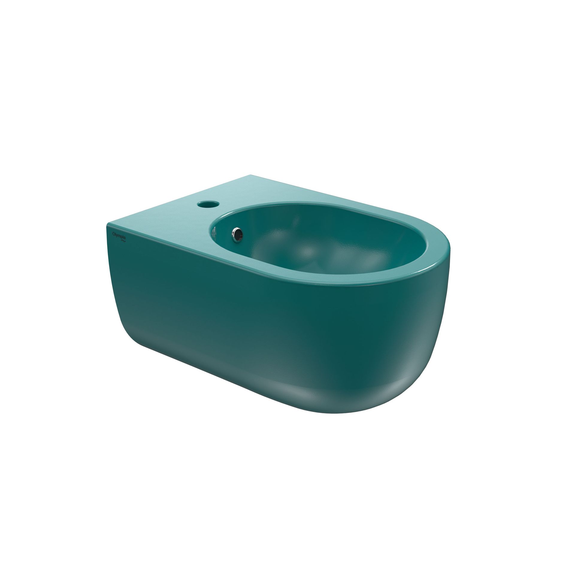 WC sospeso color verde acqua con lavabo arrotondato e pulsante di scarico su sfondo bianco.