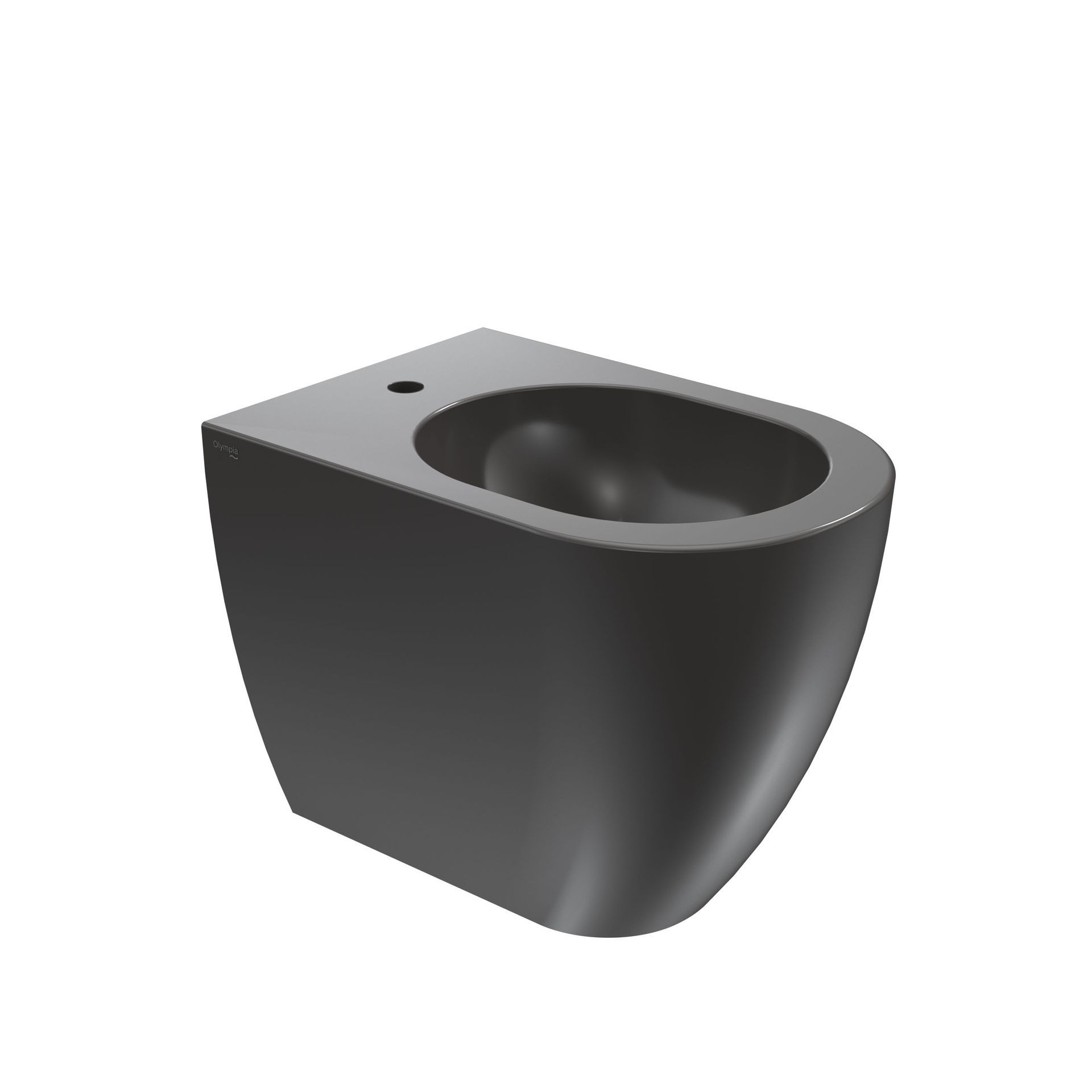 Toilette bidet in ceramica nera con vasca ovale e foro laterale, mostrata su sfondo bianco.