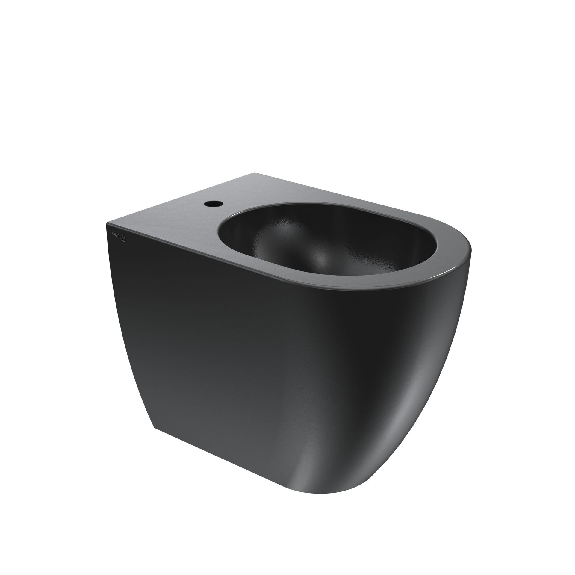 WC in ceramica nera con tazza ovale su sfondo bianco