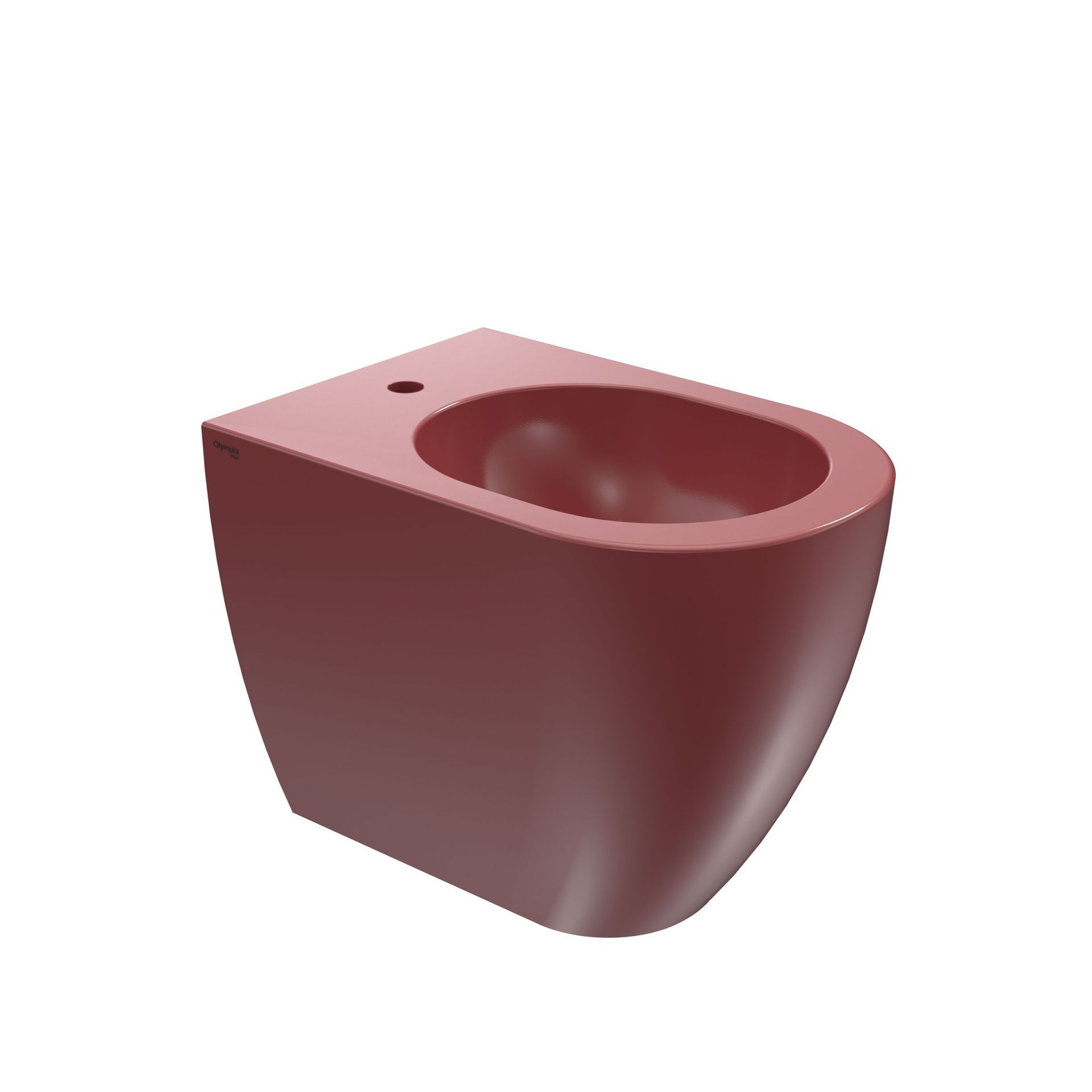 Vaso WC in ceramica color bordeaux con tazza arrotondata e piccolo foro nella parte superiore, isolato su sfondo bianco.
