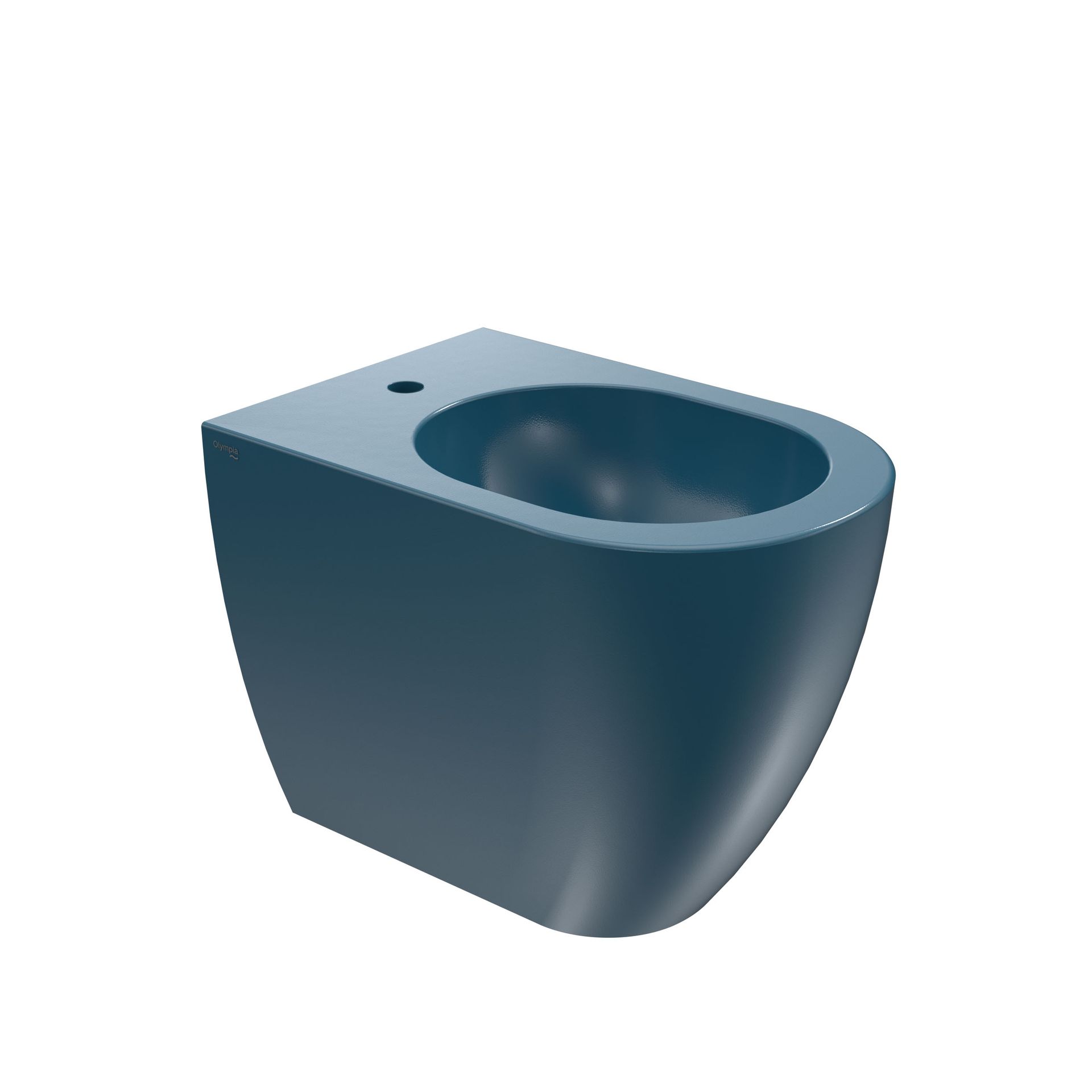 WC in ceramica blu dal design moderno e arrotondato su sfondo bianco.