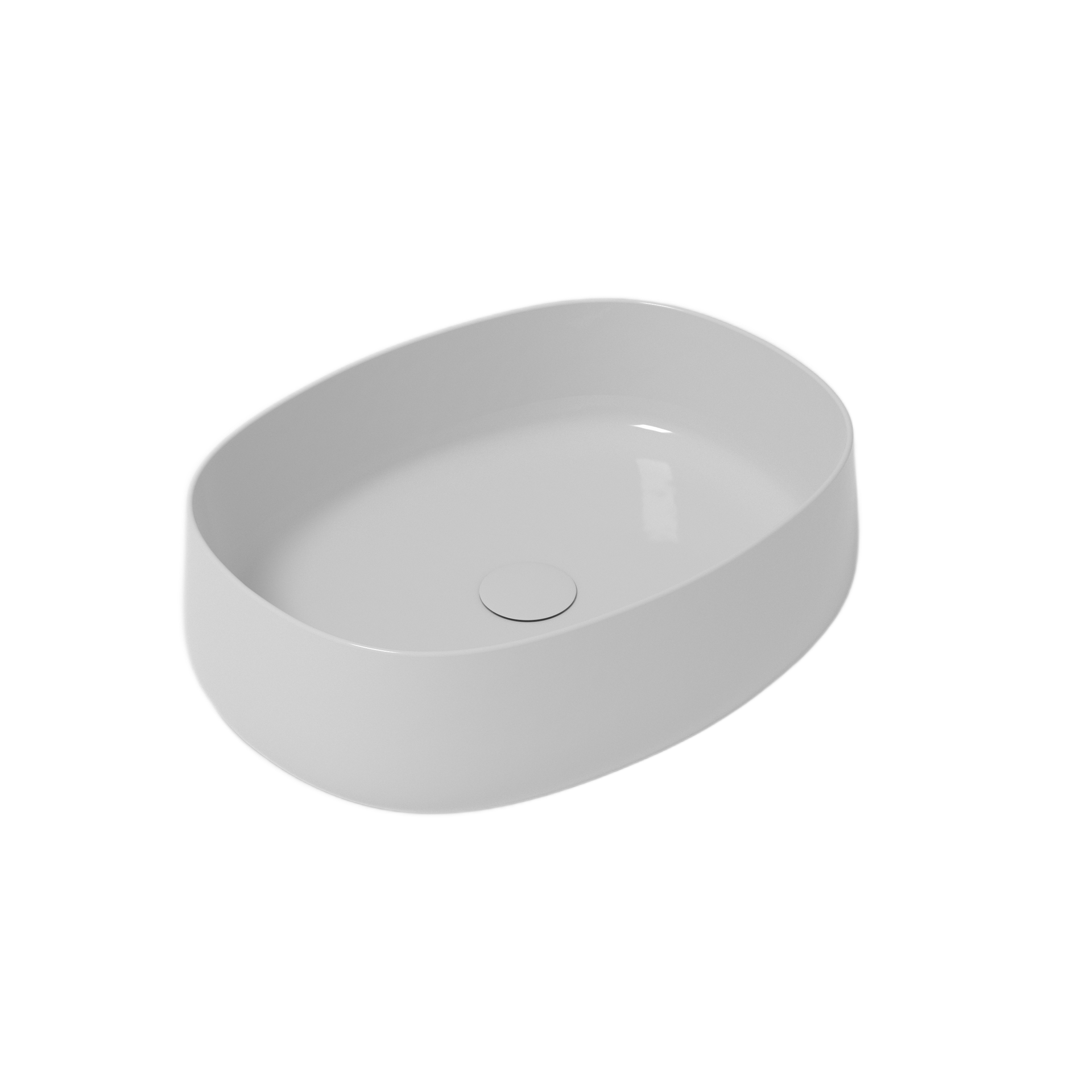 Lavandino da bagno ovale in ceramica bianca, rialzato rispetto a una superficie bianca.